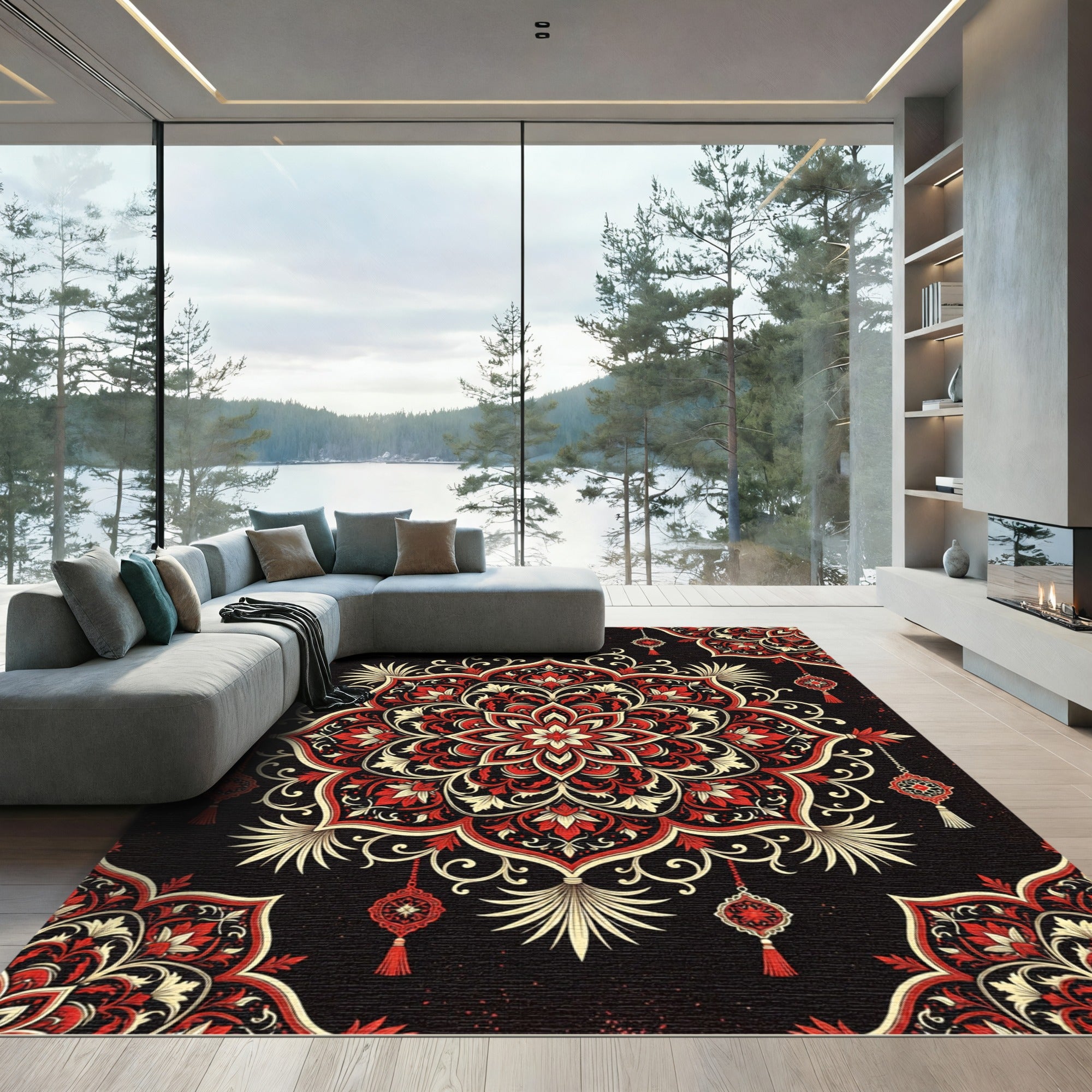Crimson Floral Mandala with Hanging Ornaments Rug