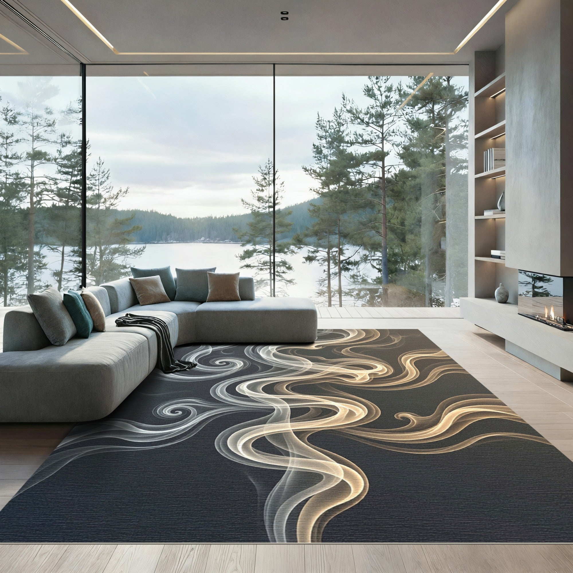 Ethereal Gold and Silver Smoke Swirl Rug