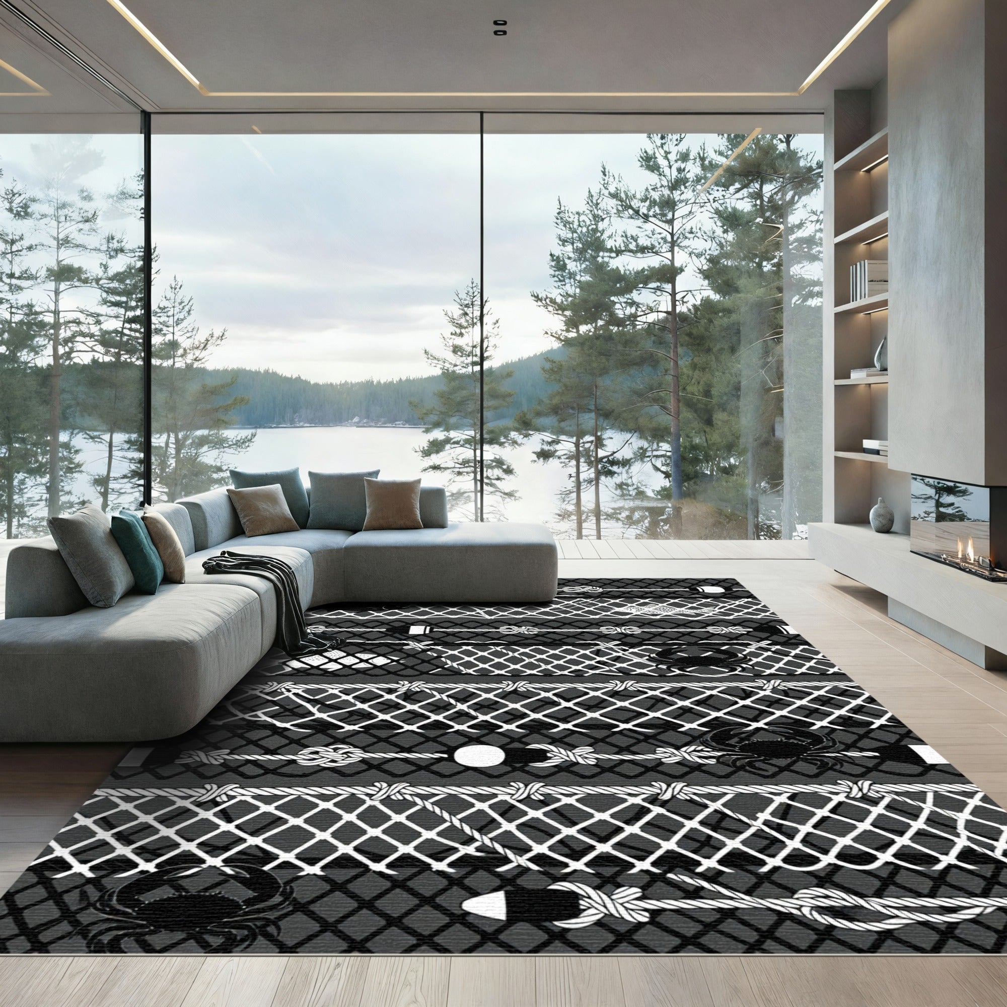 Monochrome Nautical Fish and Crab Grid Rug