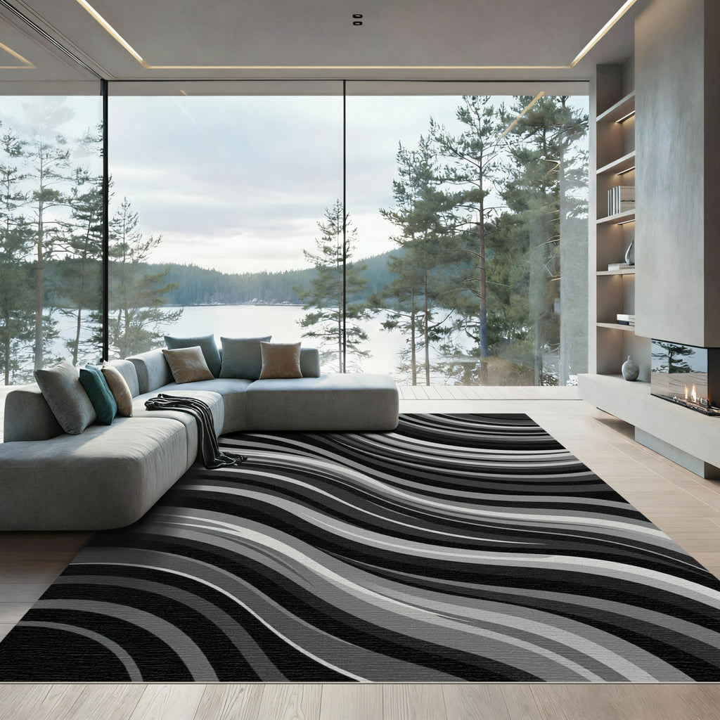 Monochromatic Grayscale Wavy Lines Rug