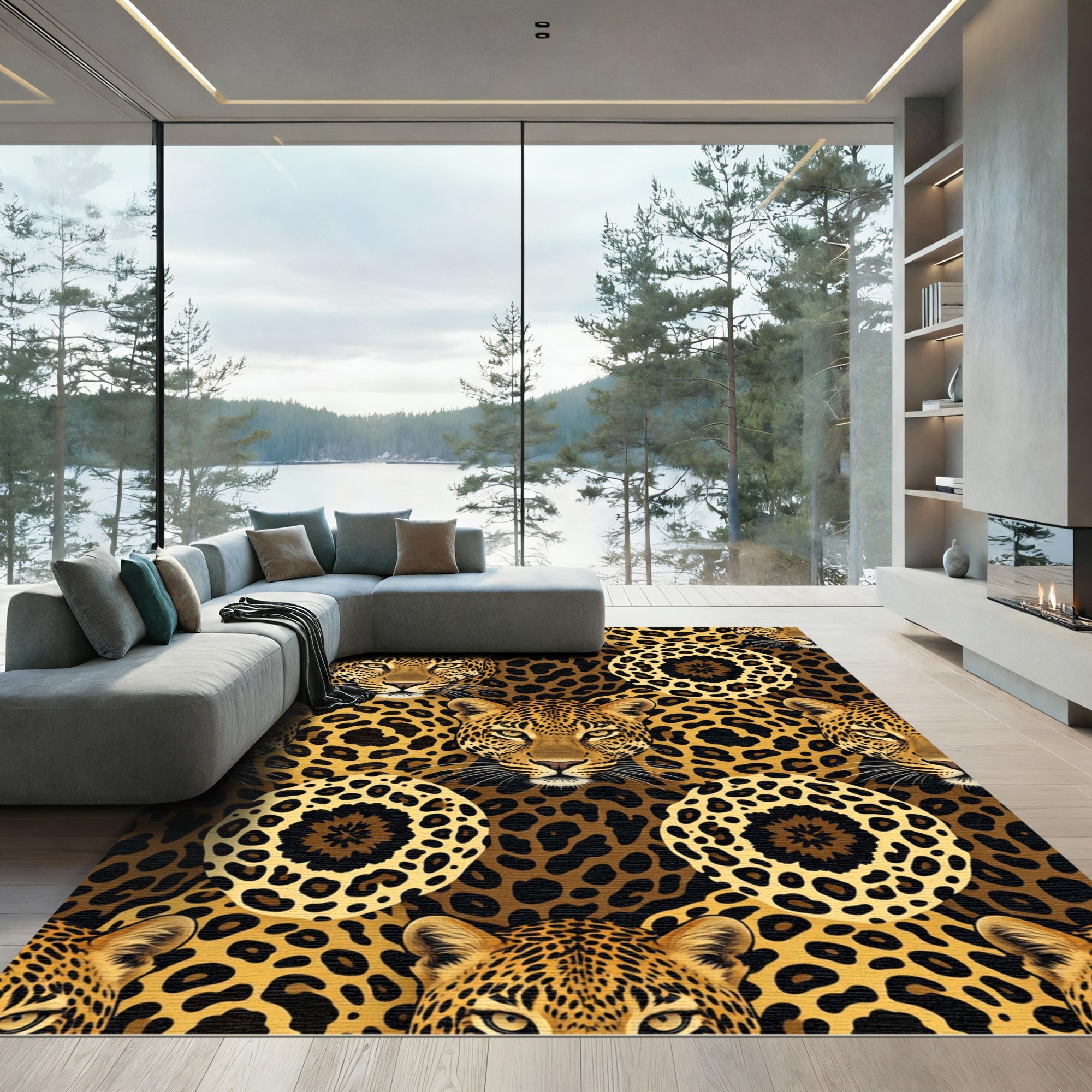 Golden Jaguar Leopard Wildlife Circles Rug
