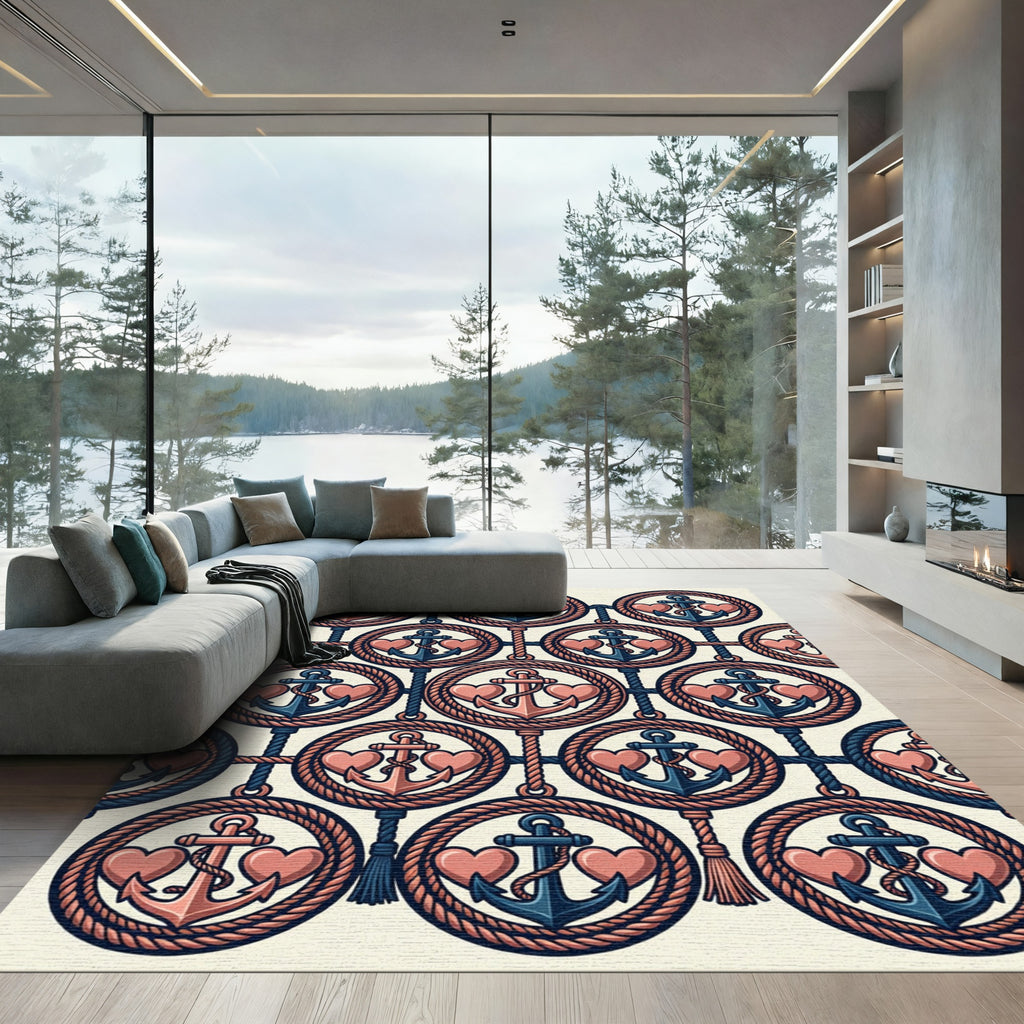 Nautical Anchor Heart Rope Circles Rug
