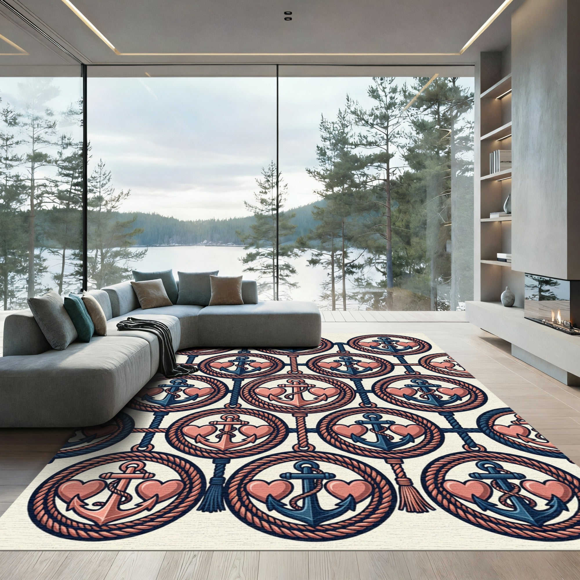 Nautical Anchor Heart Rope Circles Rug