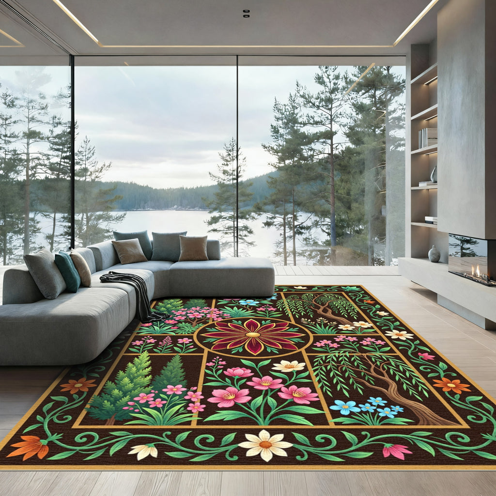 Earthy Botanical Medallion Garden Tile Rug