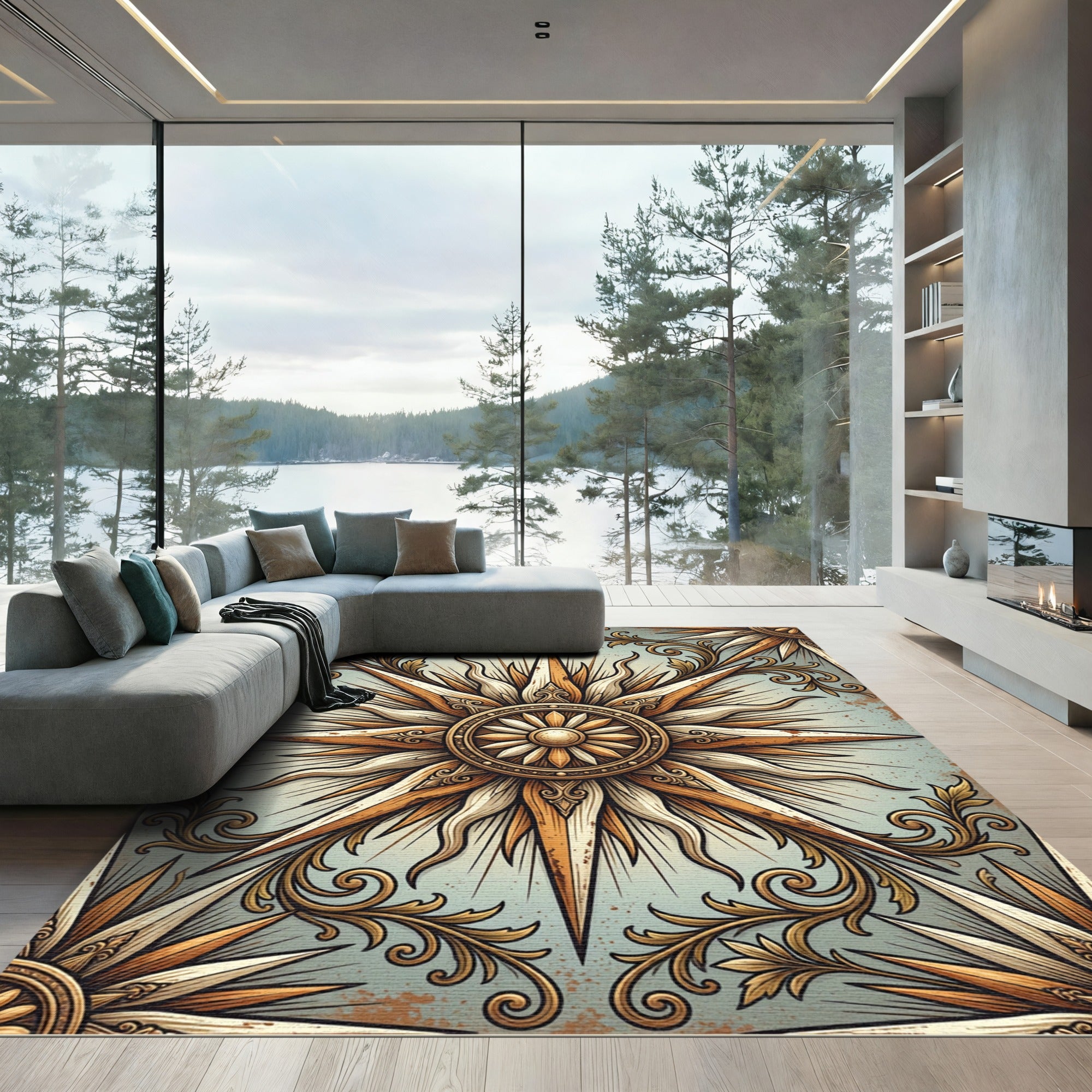 Golden Sunburst Baroque Scroll Rug