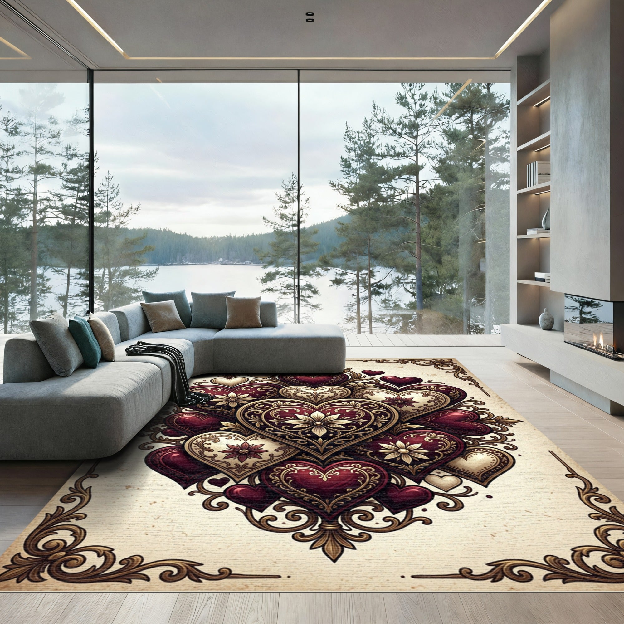 Gilded Rouge Heart Scrollwork Composition Rug