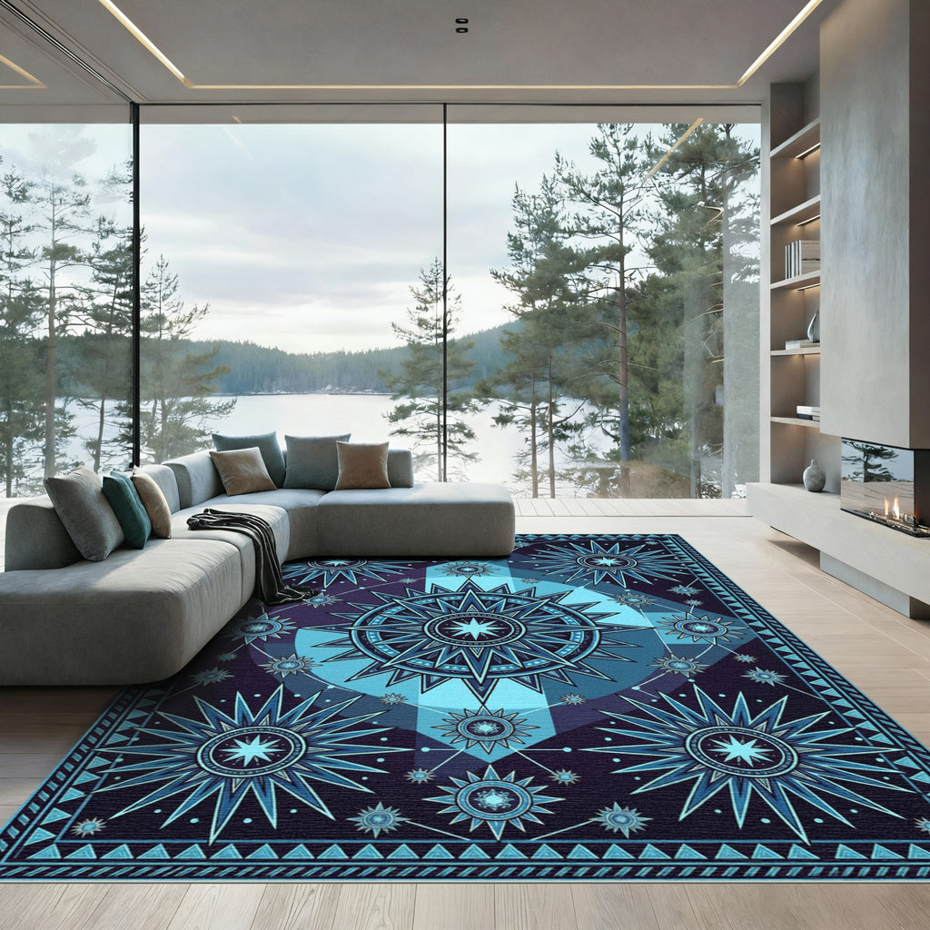 Celestial Blue Sunburst Geometric Rug