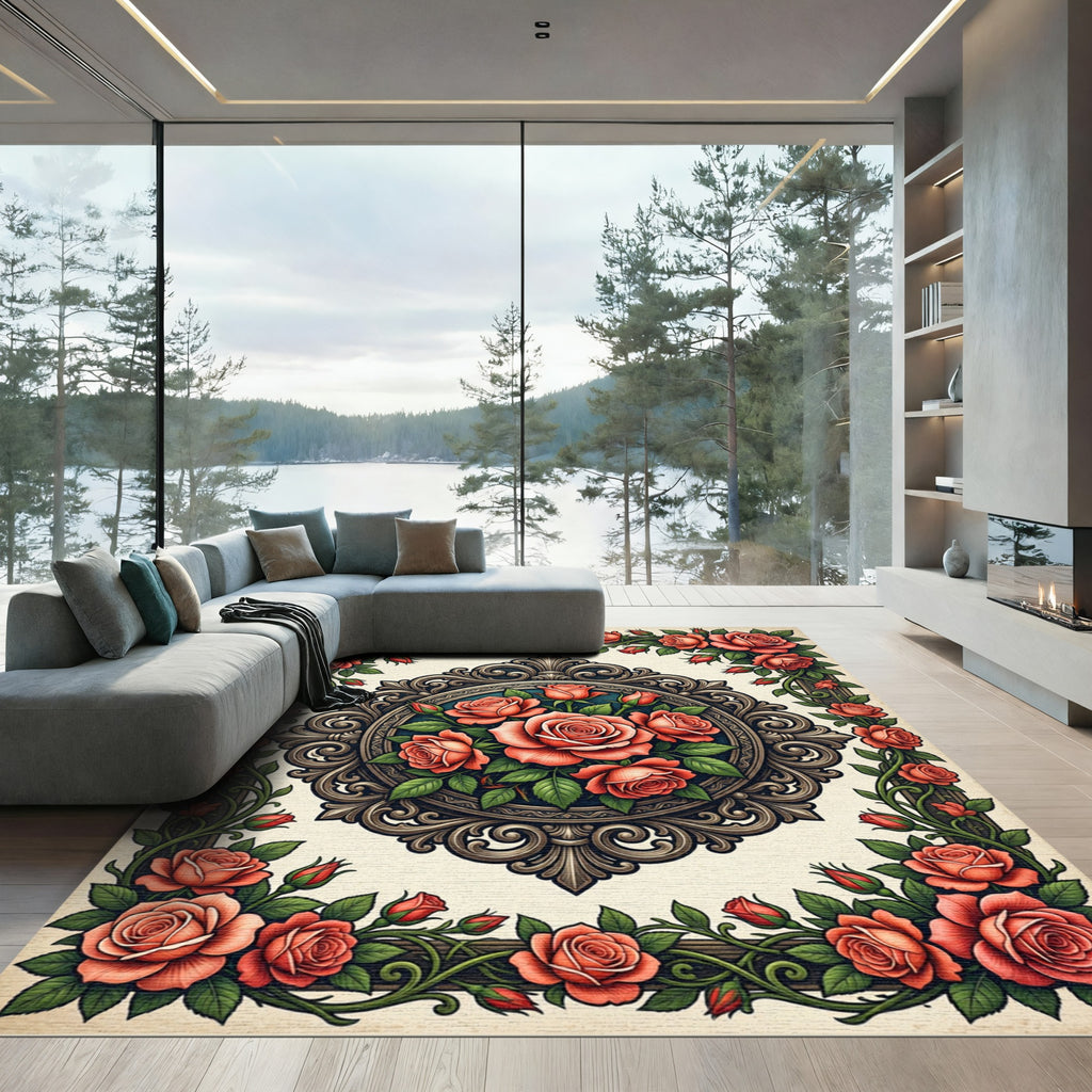 Vintage Salmon Rose Floral Frame Rug