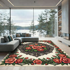 Vintage Salmon Rose Floral Frame Rug
