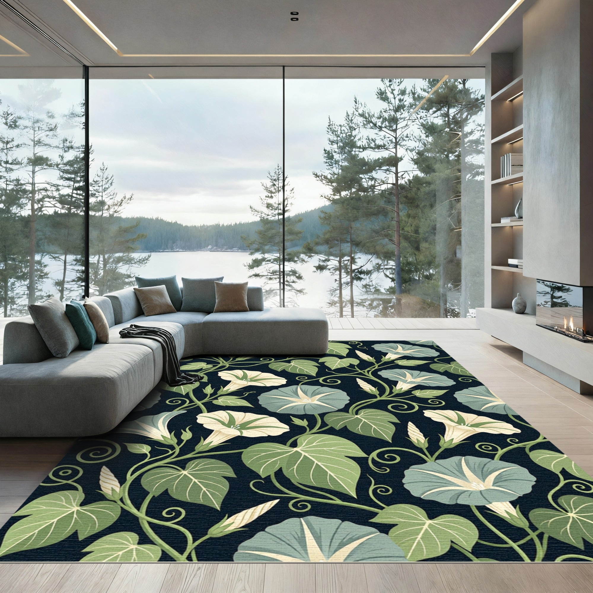 Ethereal Sage Green Morning Glory Vines Rug