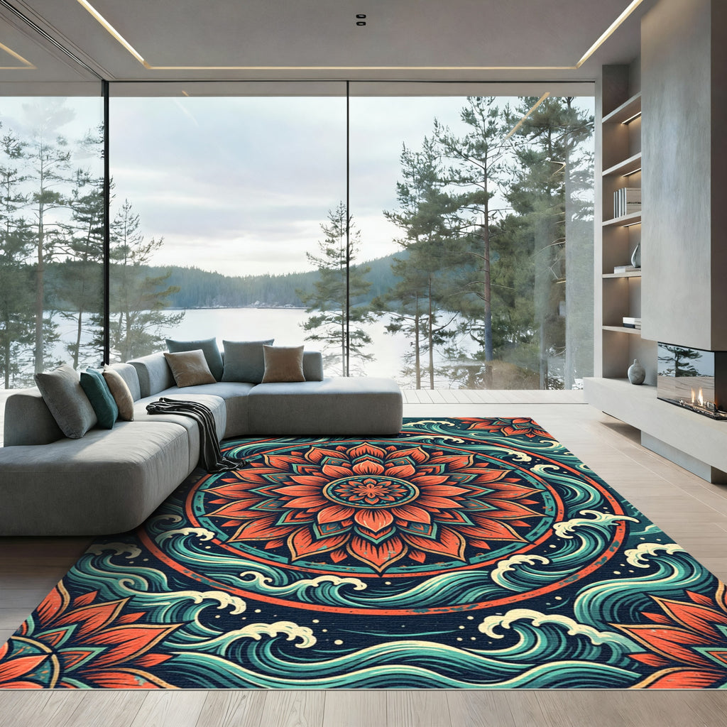 Mandala Lotus with Teal Ocean Waves Rug