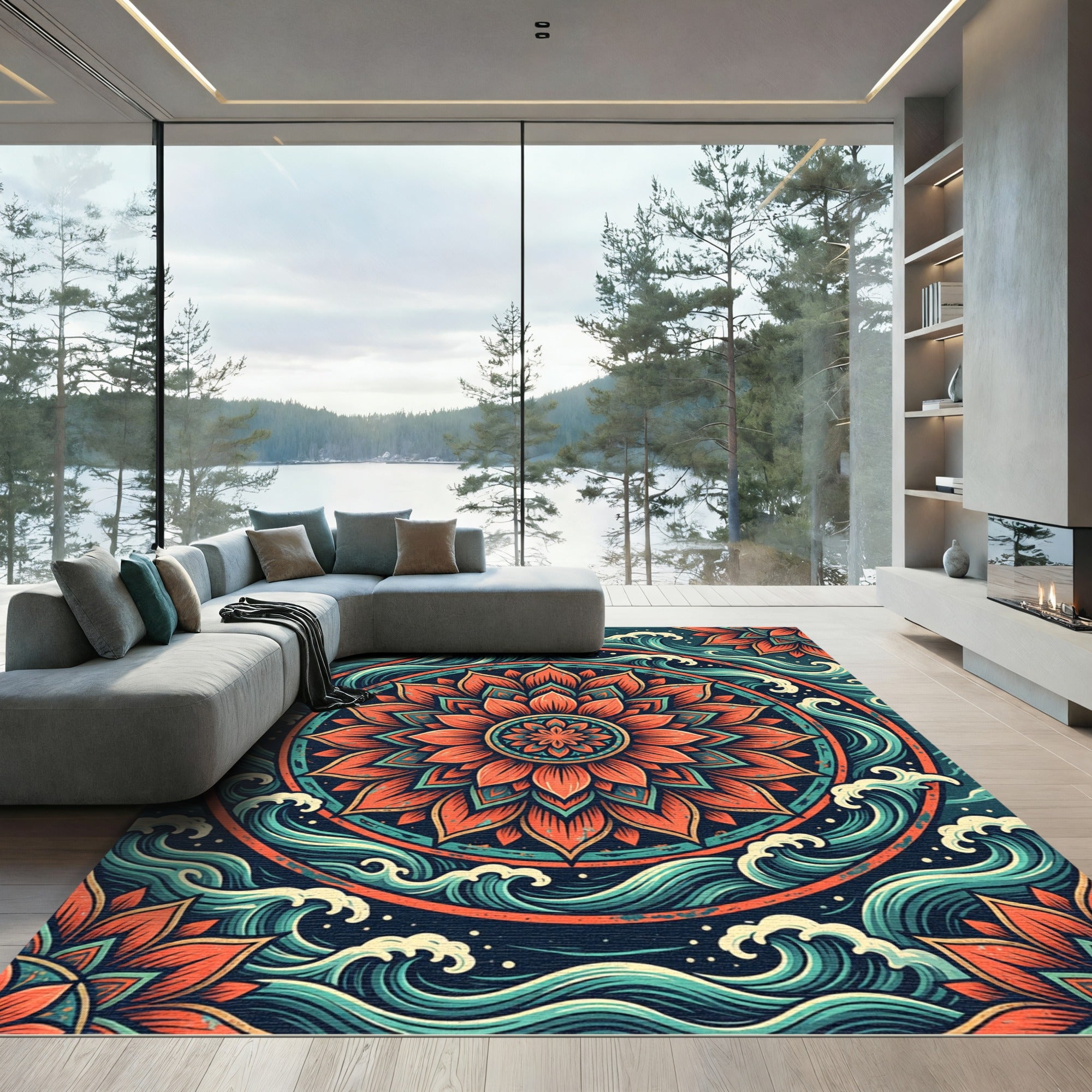 Mandala Lotus with Teal Ocean Waves Rug