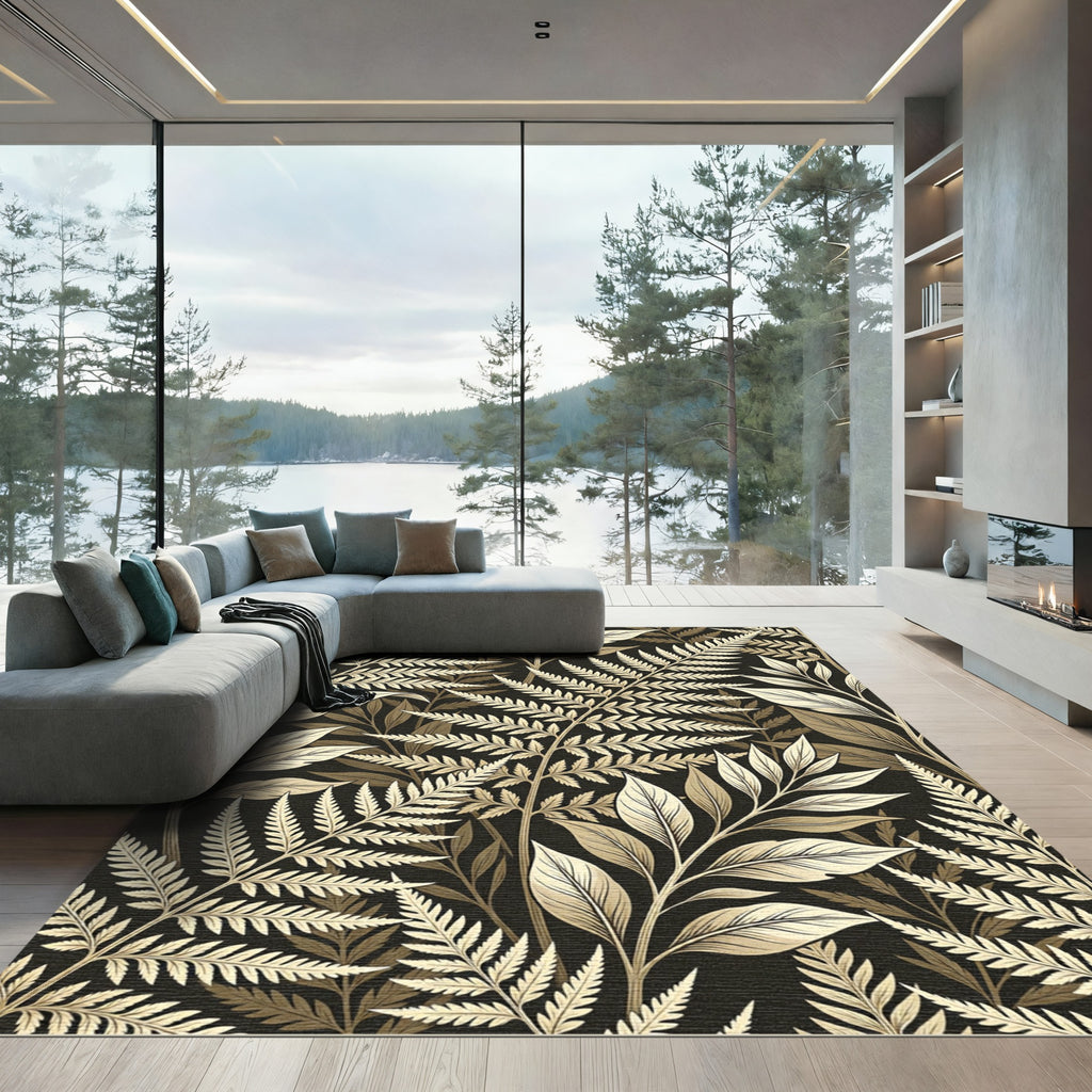 Neutral Botanical Fern Leaf Art Rug