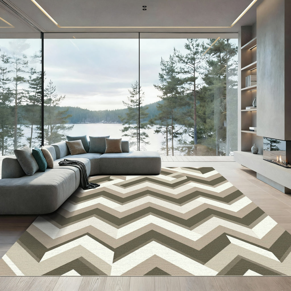 Modern Taupe Zigzag Step Geometric Area Rug