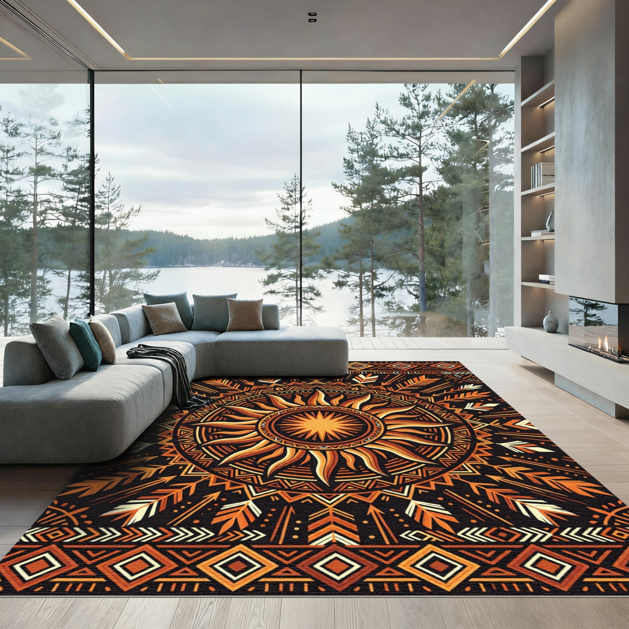 Tribal Sunburst Geometric Radiant Gold Rug