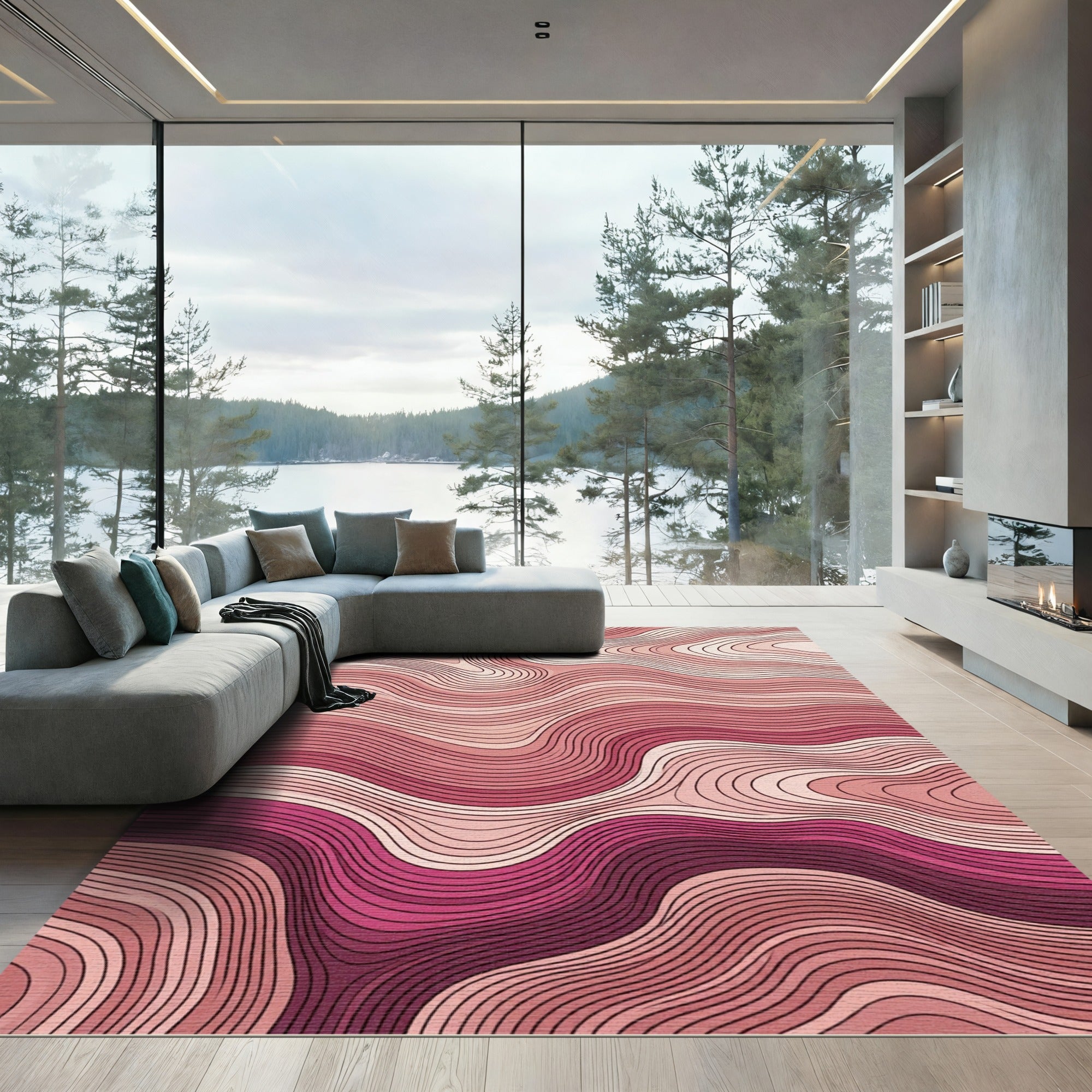 Pink Gradient Wavy Contour Art Rug