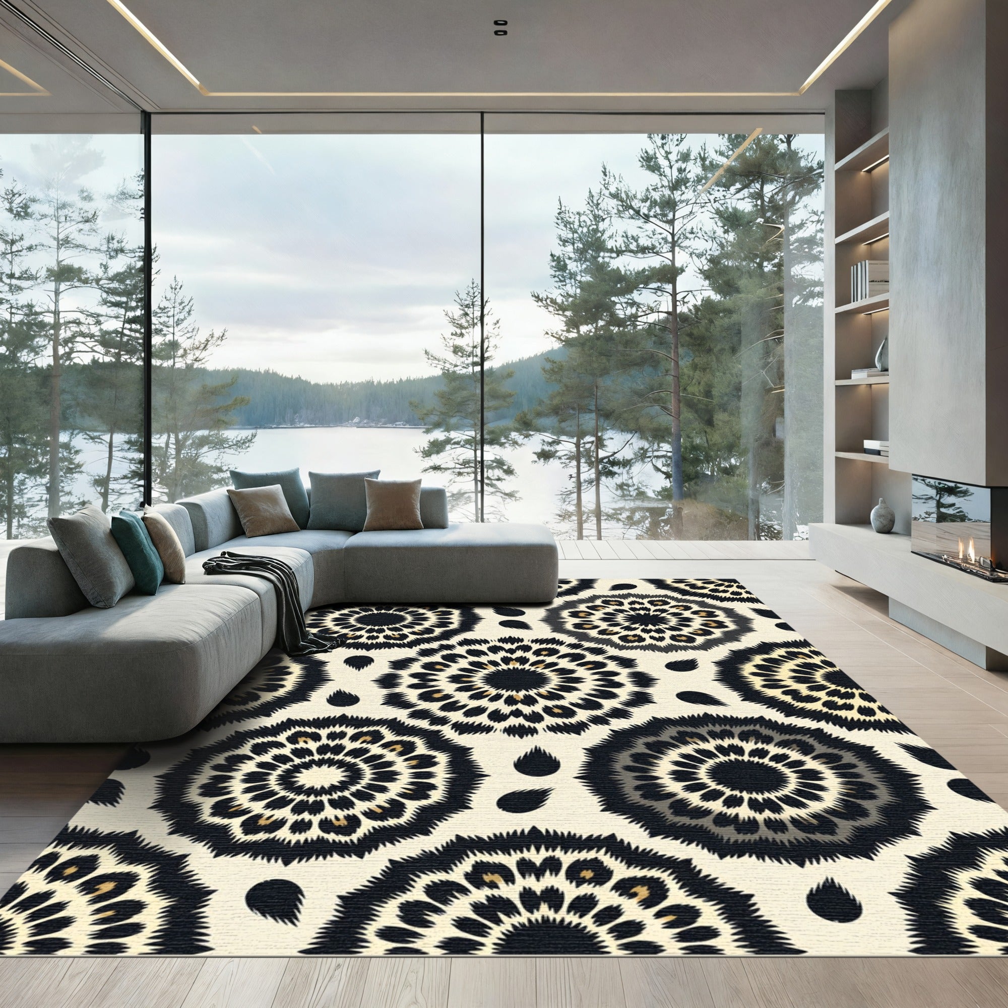 Black and Cream Leopard Circle Medallion Rug