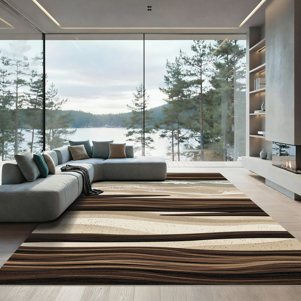 Earthy Tones Abstract Wood Beach Waves Rug