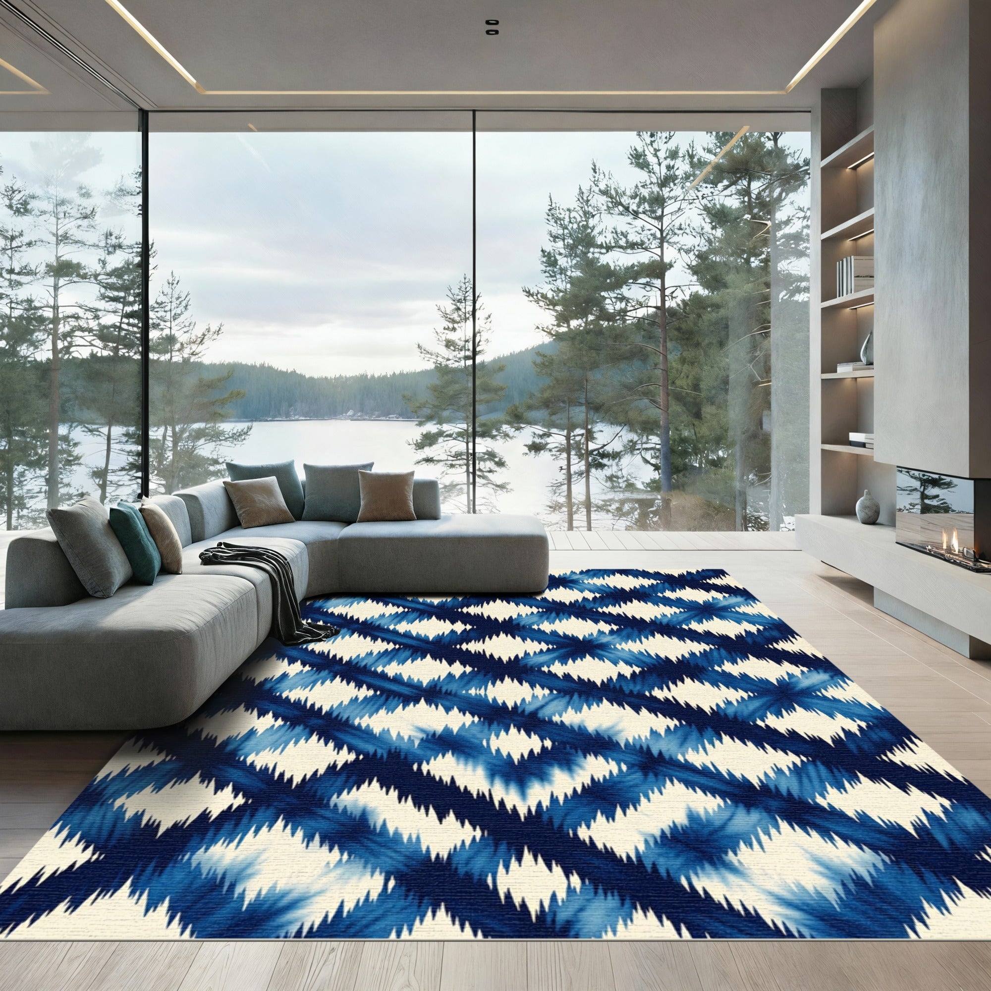 Indigo Blue Jagged Diamond Arrangement Rug