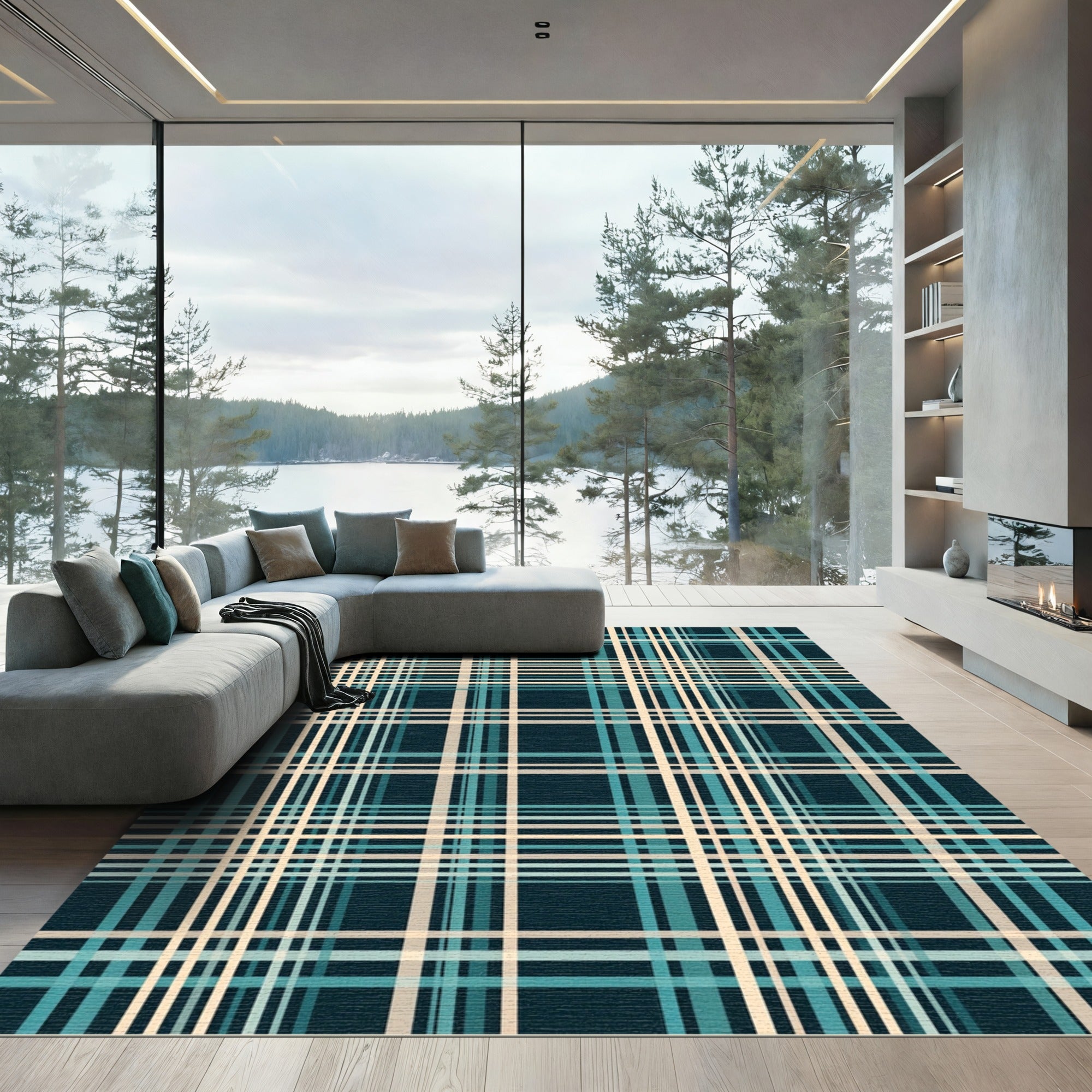Teal Beige Tartan Grid Rug