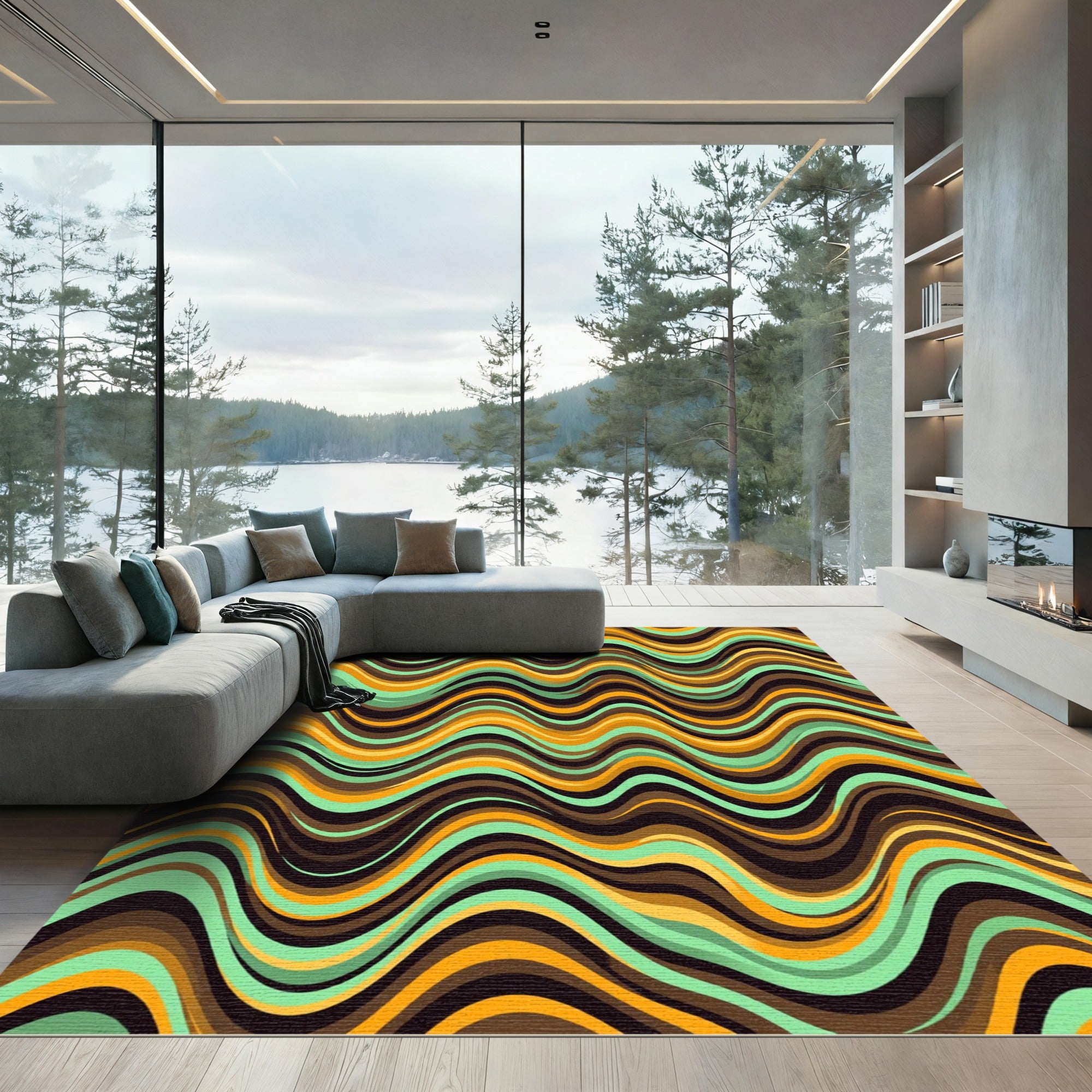 Retro Earthy Orange and Mint Wave Rug