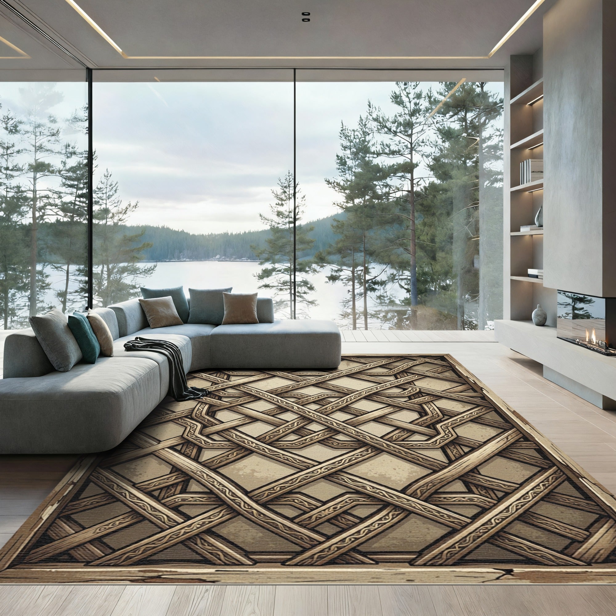 Intricate Woven Lattice Natural Wood Cream Rug