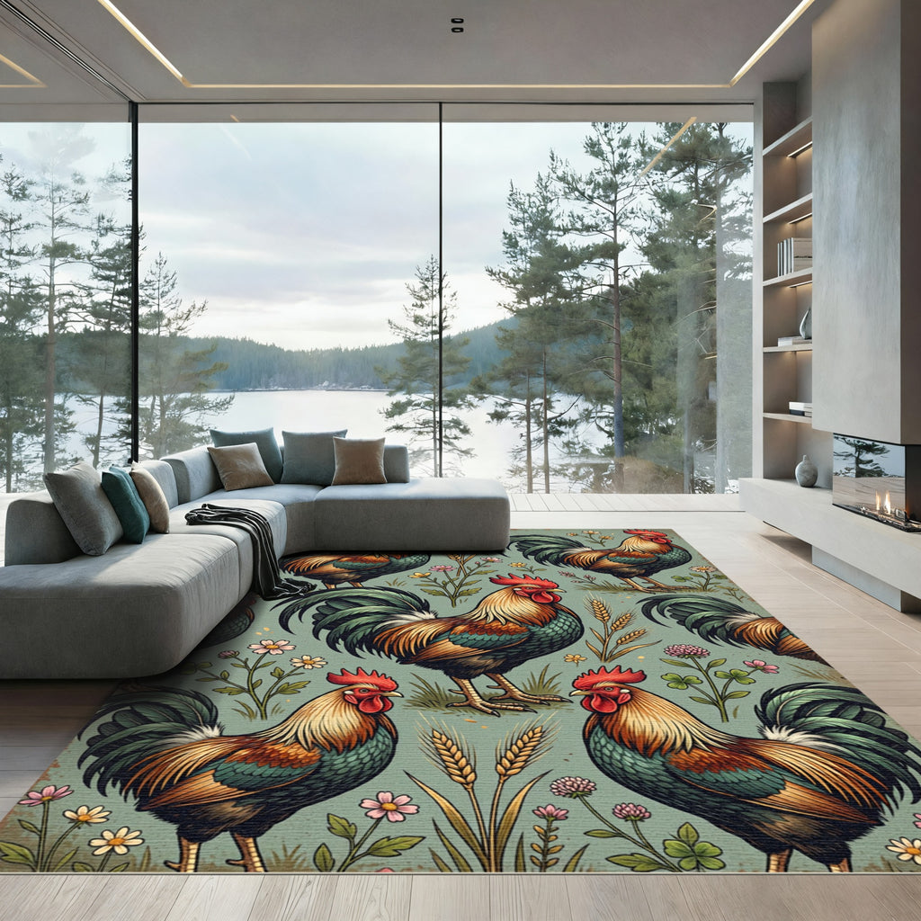 Rustic Farmhouse Rooster and Wheat Earthy Rug