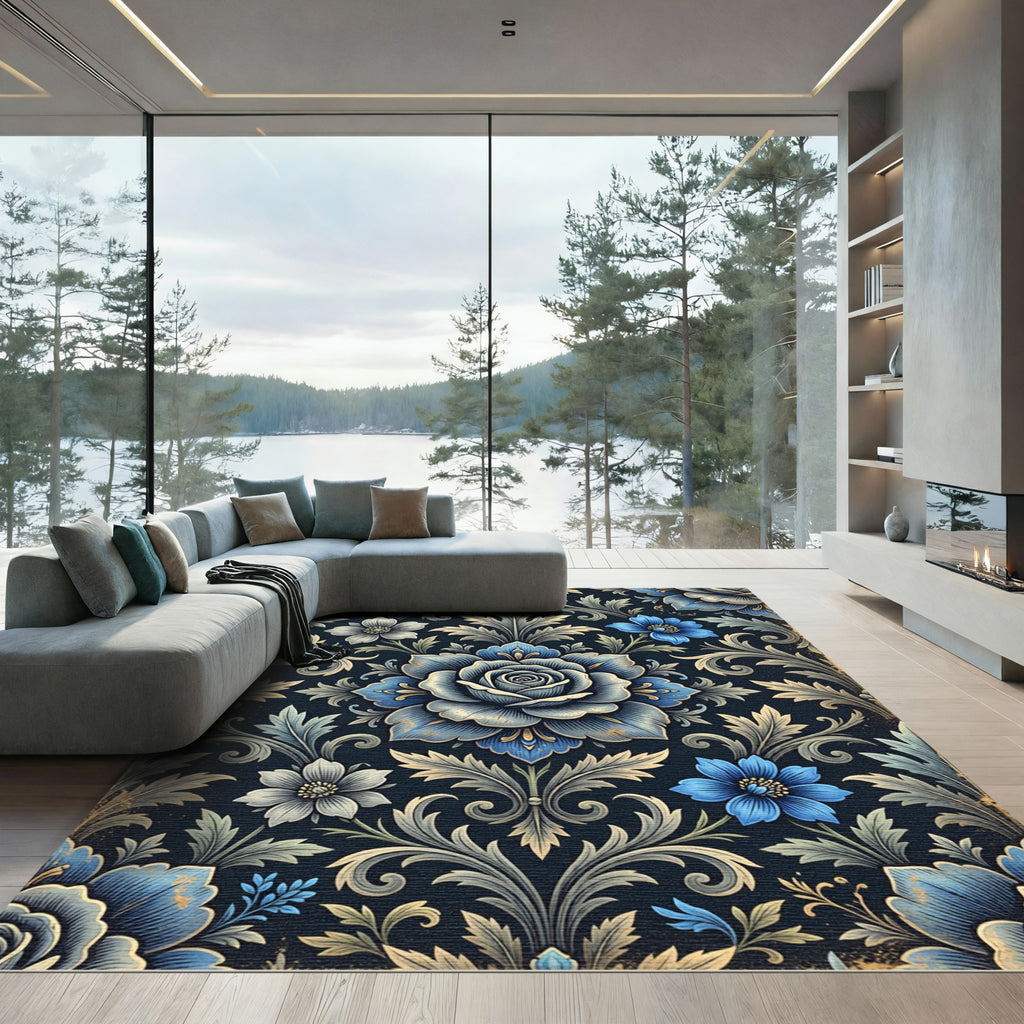 Elegant Blue Rose Damask Floral Rug
