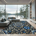 Elegant Blue Rose Damask Floral Rug