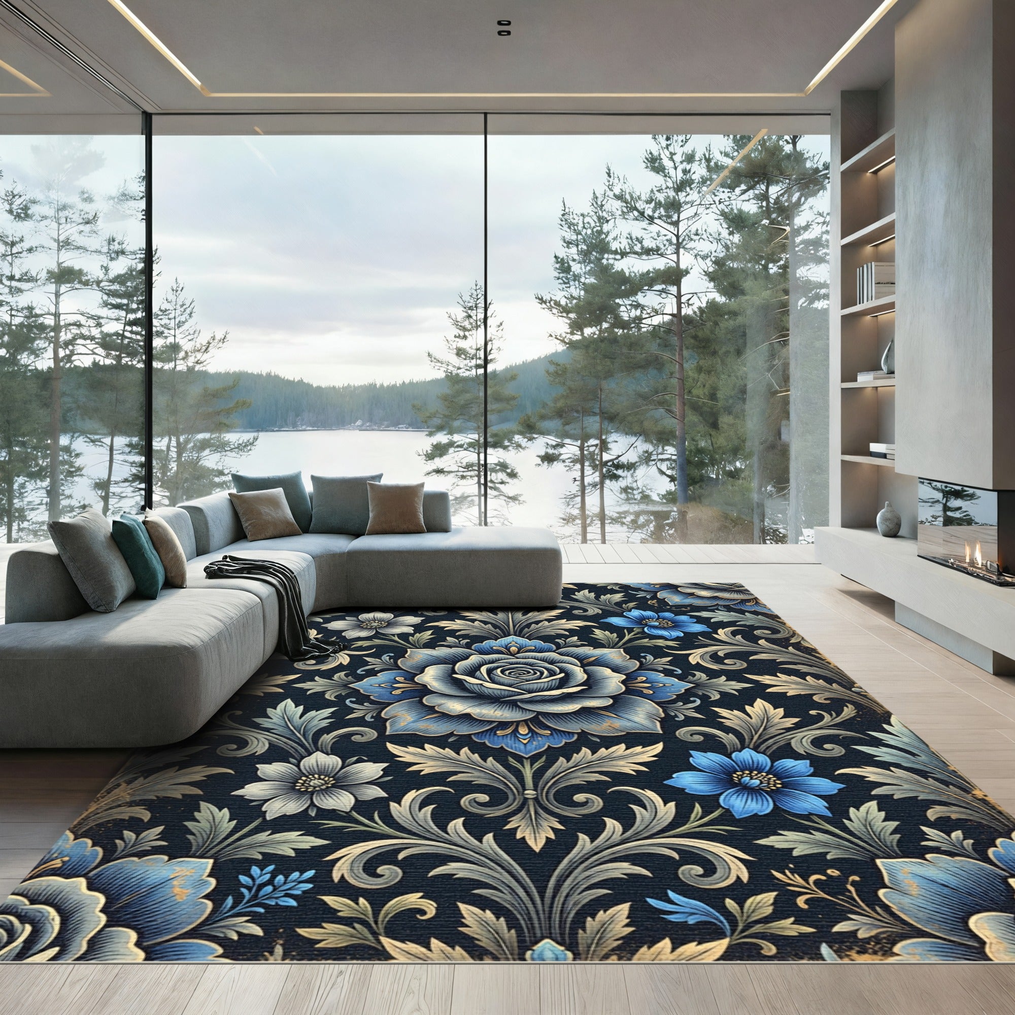 Elegant Blue Rose Damask Floral Rug