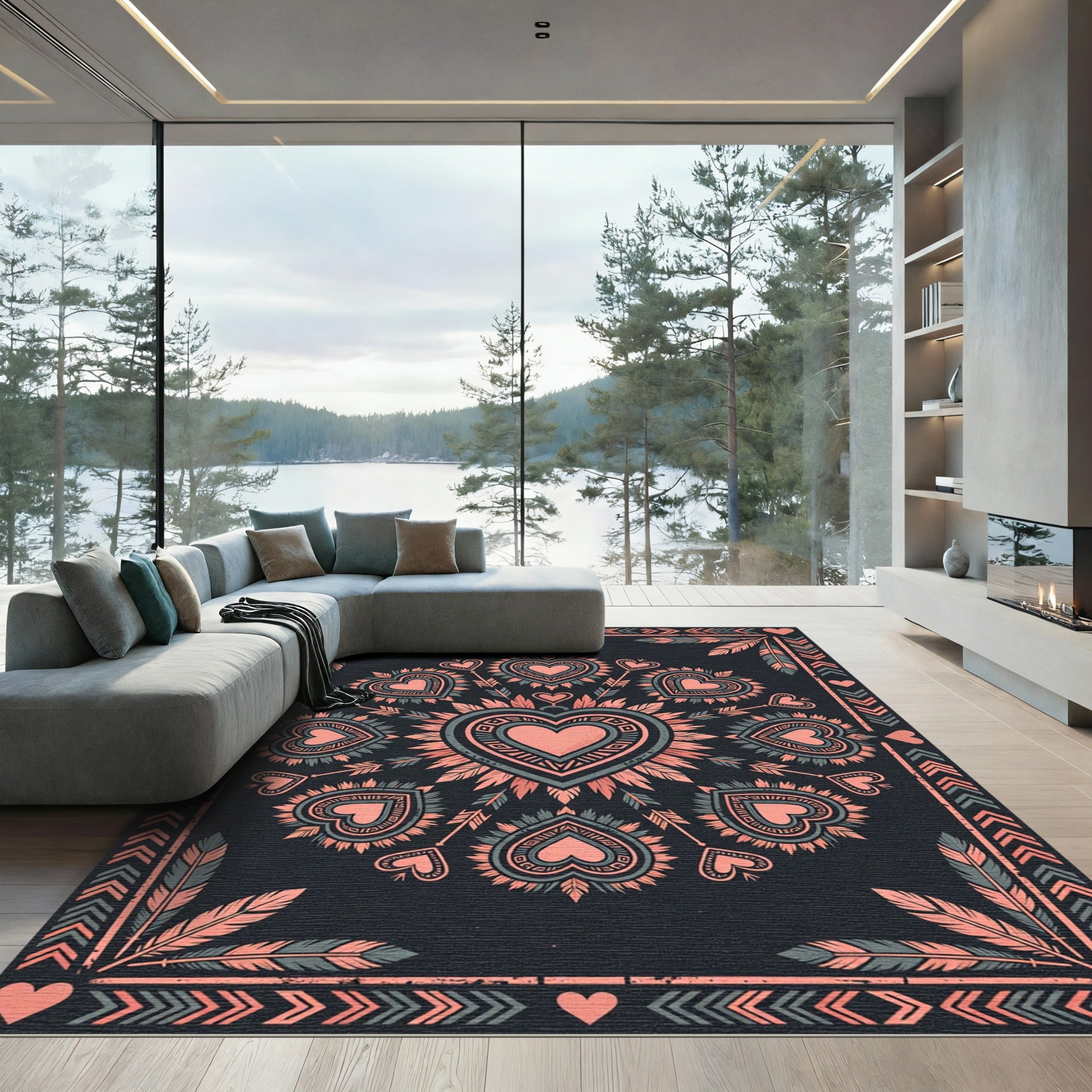 Boho Heart Medallion Feather Illustration Rug