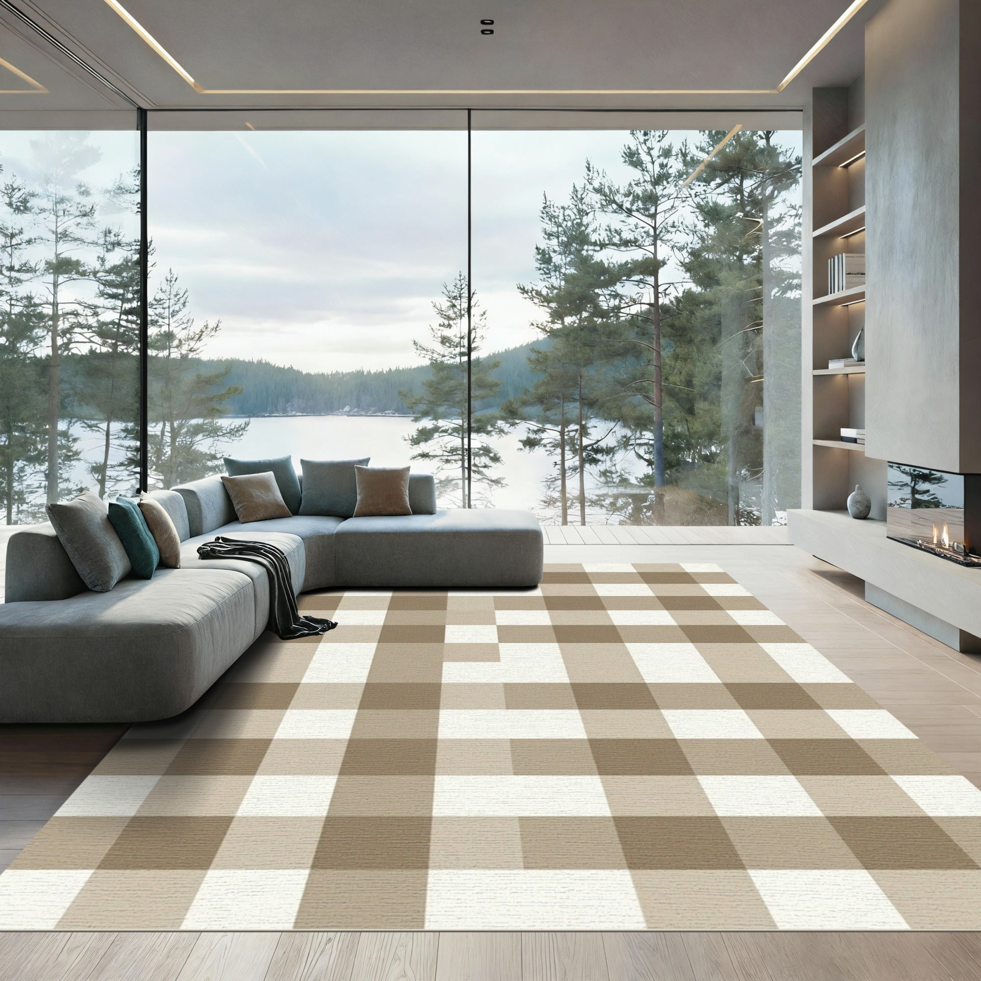 Simple Tan White Gingham Checkered Rug