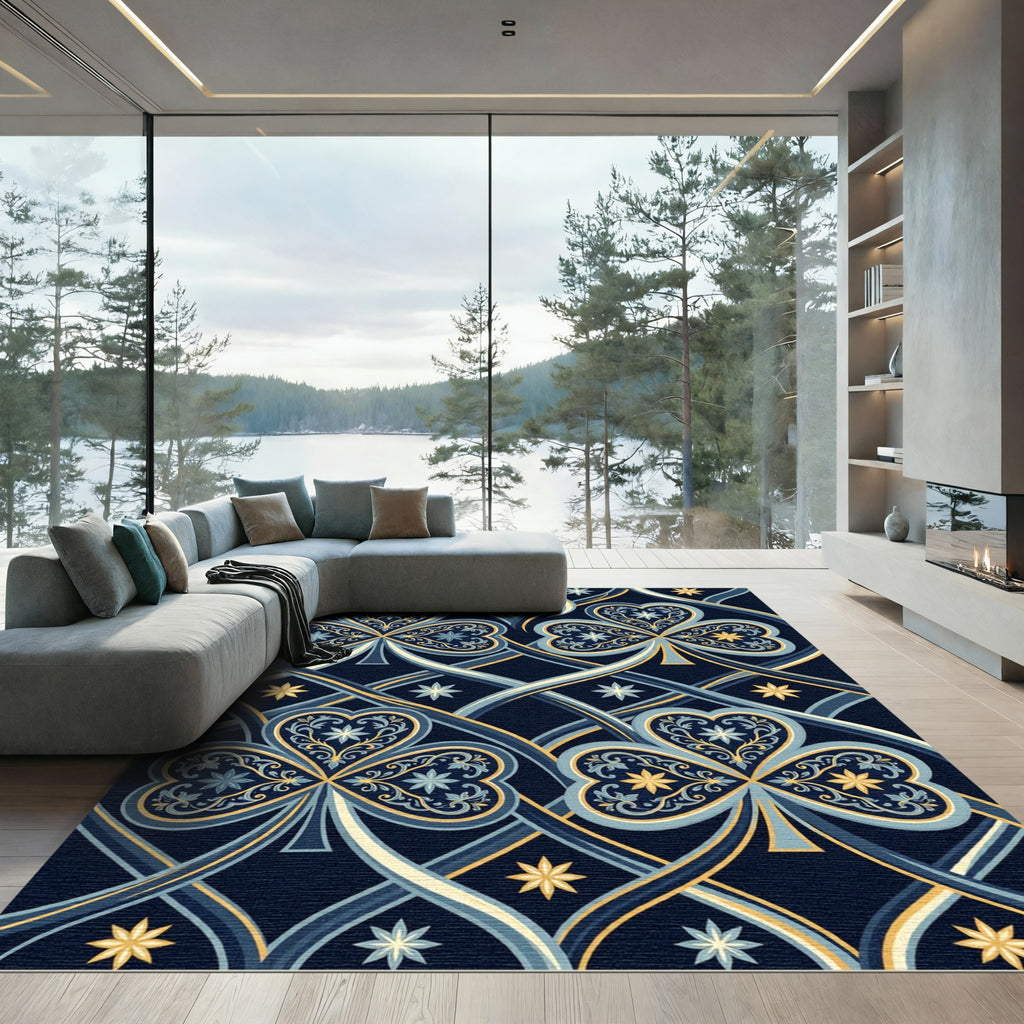 Ornate Navy Blue Clover Intertwined Gold Rug