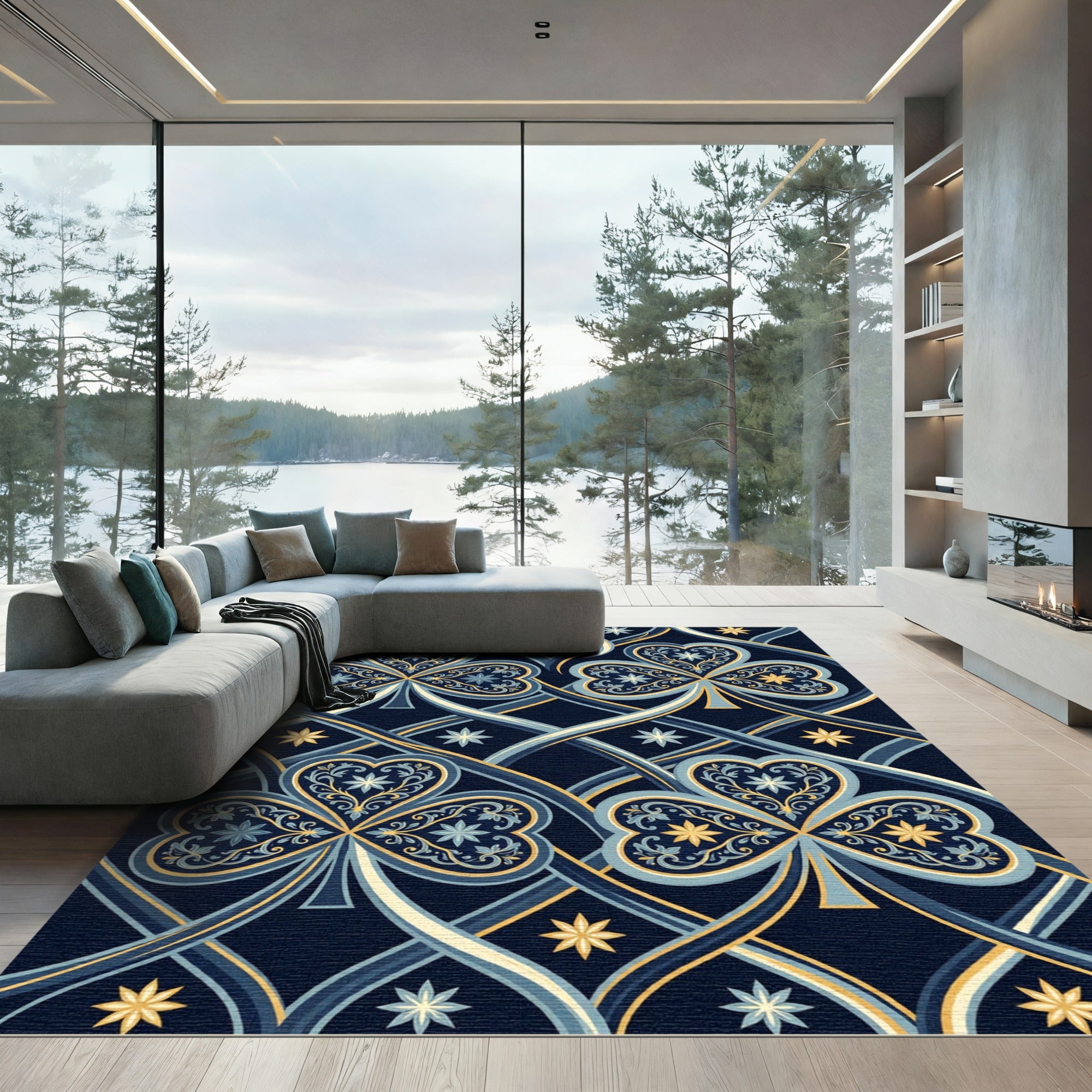 Ornate Navy Blue Clover Intertwined Gold Rug