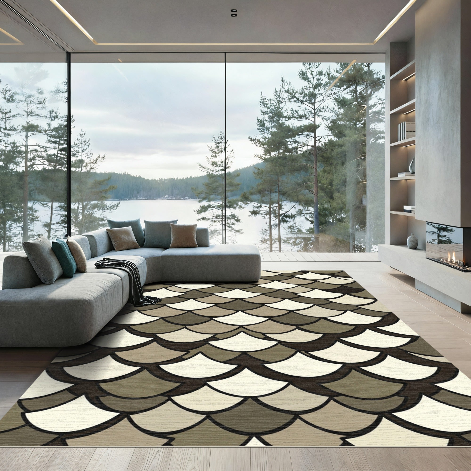 Neutral Scalloped Fish Scale Overlay Rug