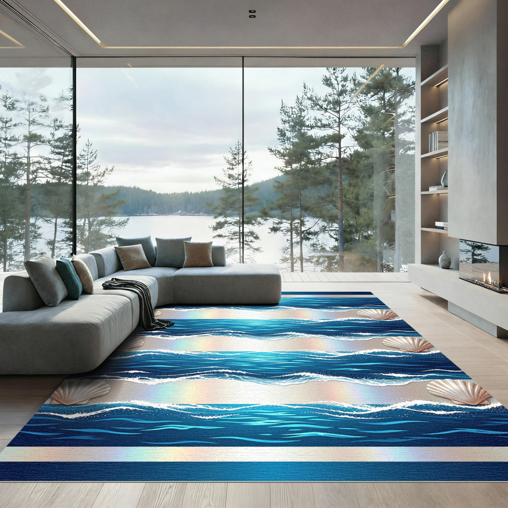 Ocean Waves with Seashells and Sand Rug