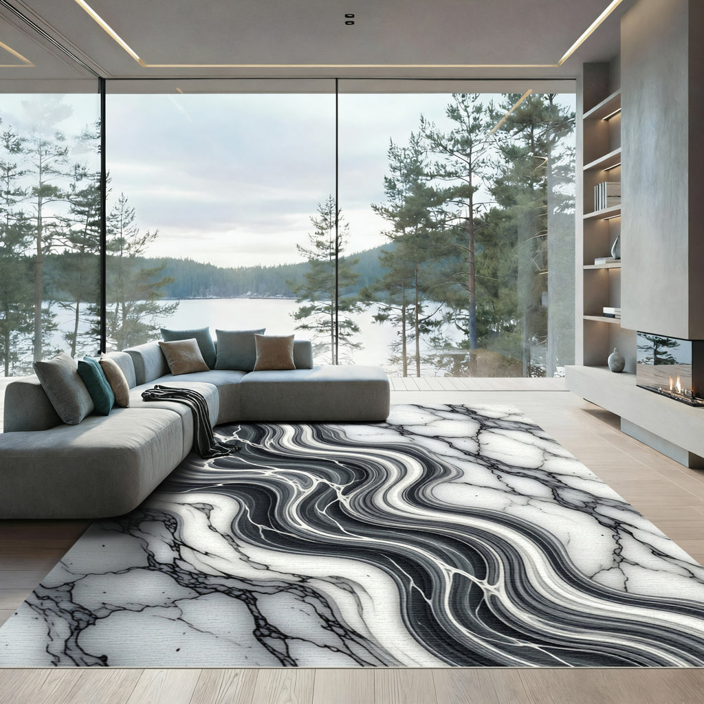 Modern Monochromatic Abstract Marble Swirl Rug