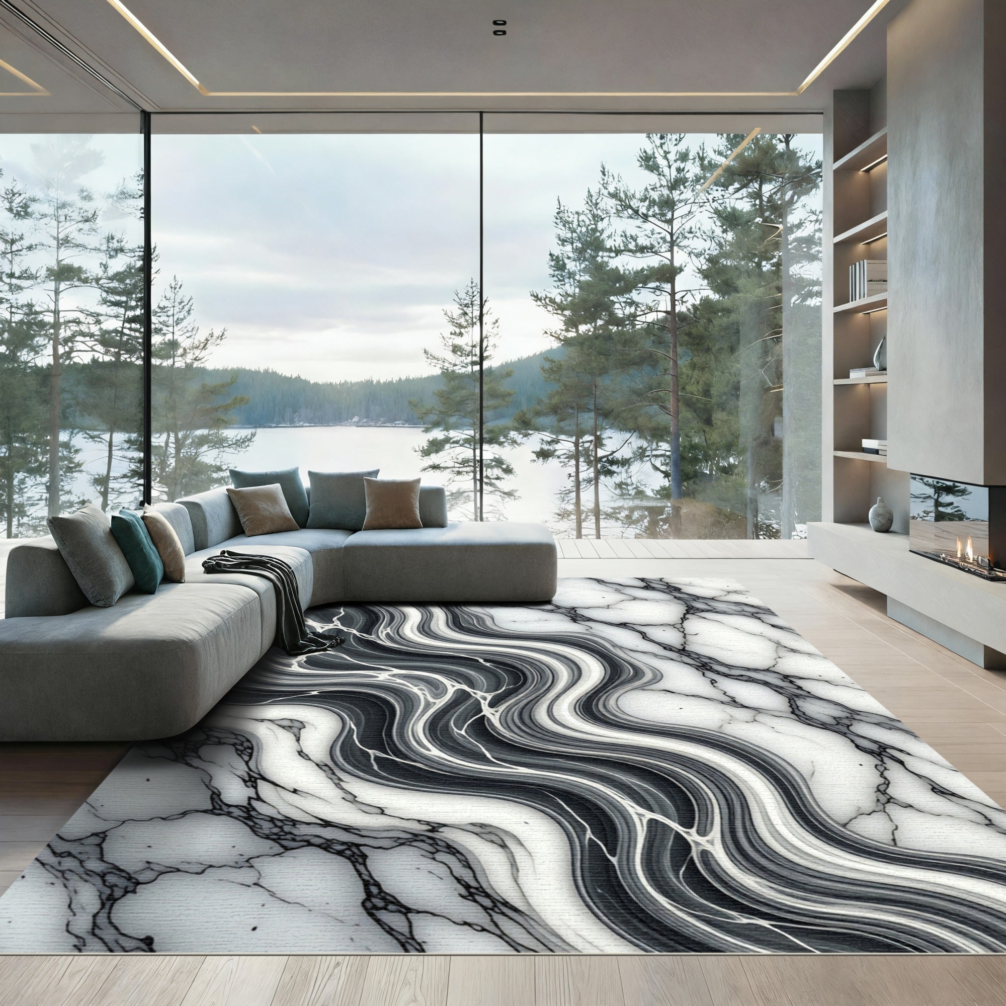 Modern Monochromatic Abstract Marble Swirl Rug
