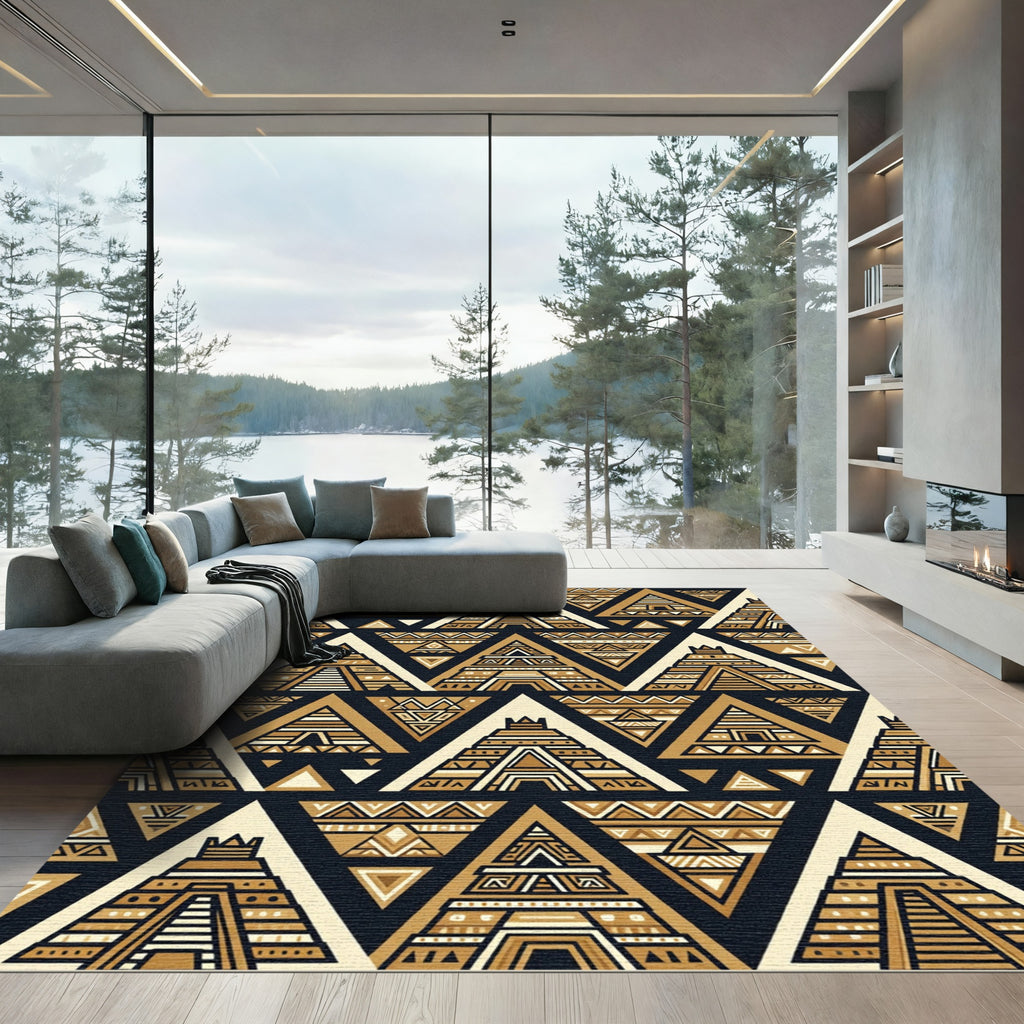 Gold Black Tribal Pyramid Pattern Rug