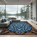 Blue Floral Ornamental Symmetry Wood Frame Rug