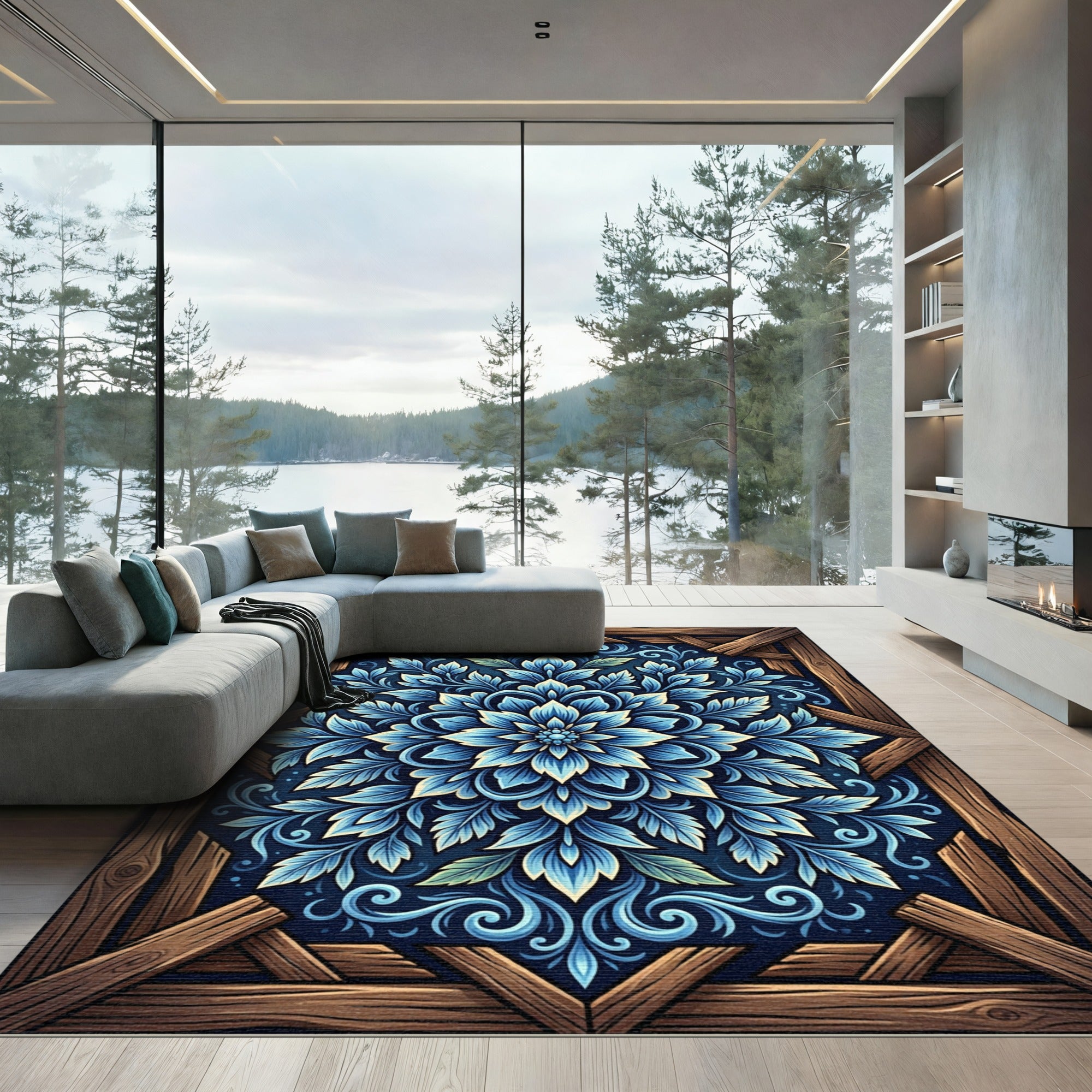 Blue Floral Ornamental Symmetry Wood Frame Rug