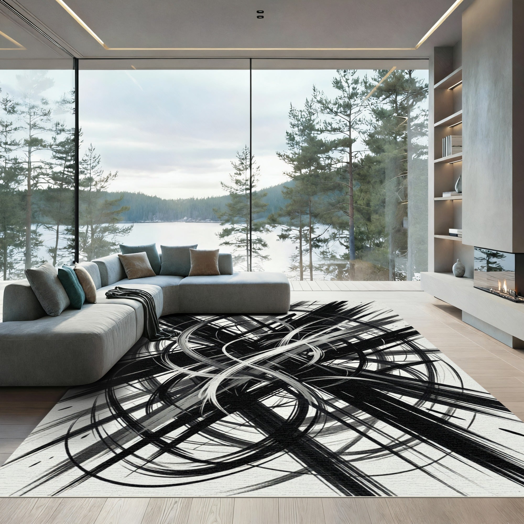 Monochrome Abstract Black White Swirls Rug