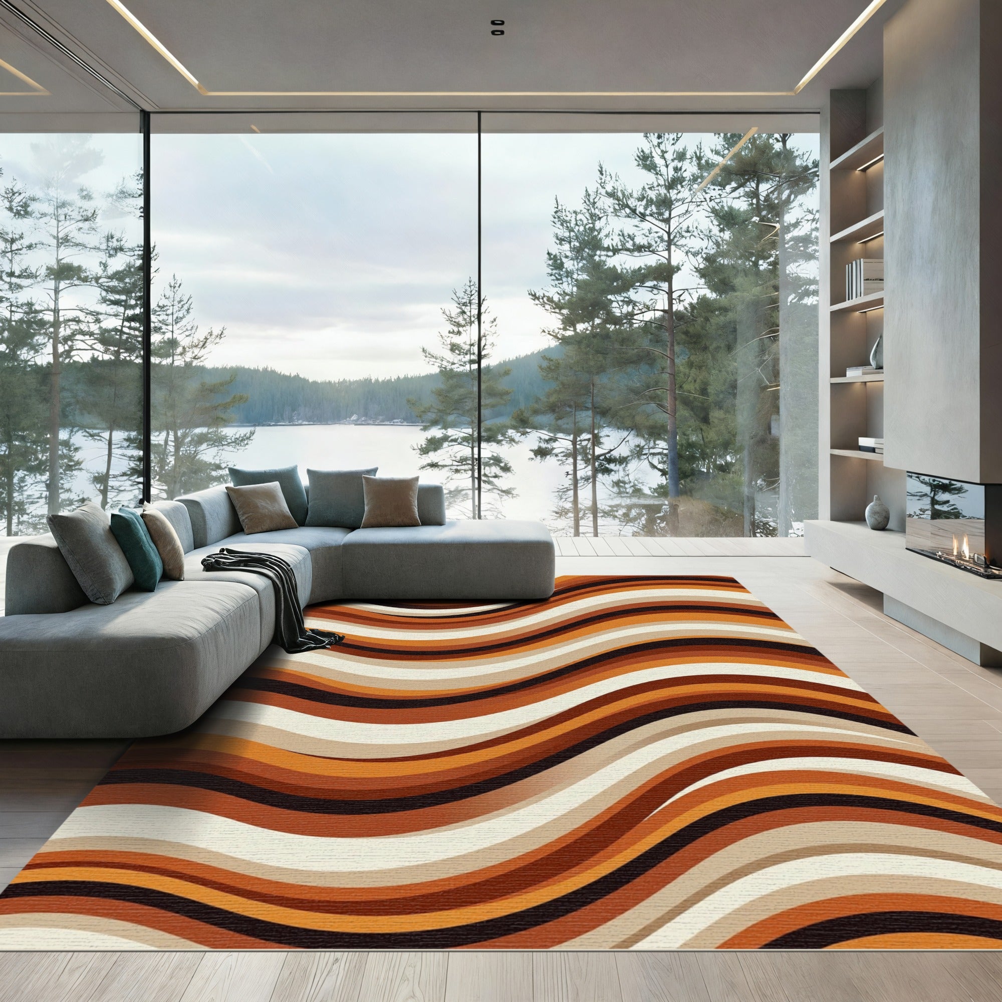 Mid-Century Wavy Earth Tone Striped Rug