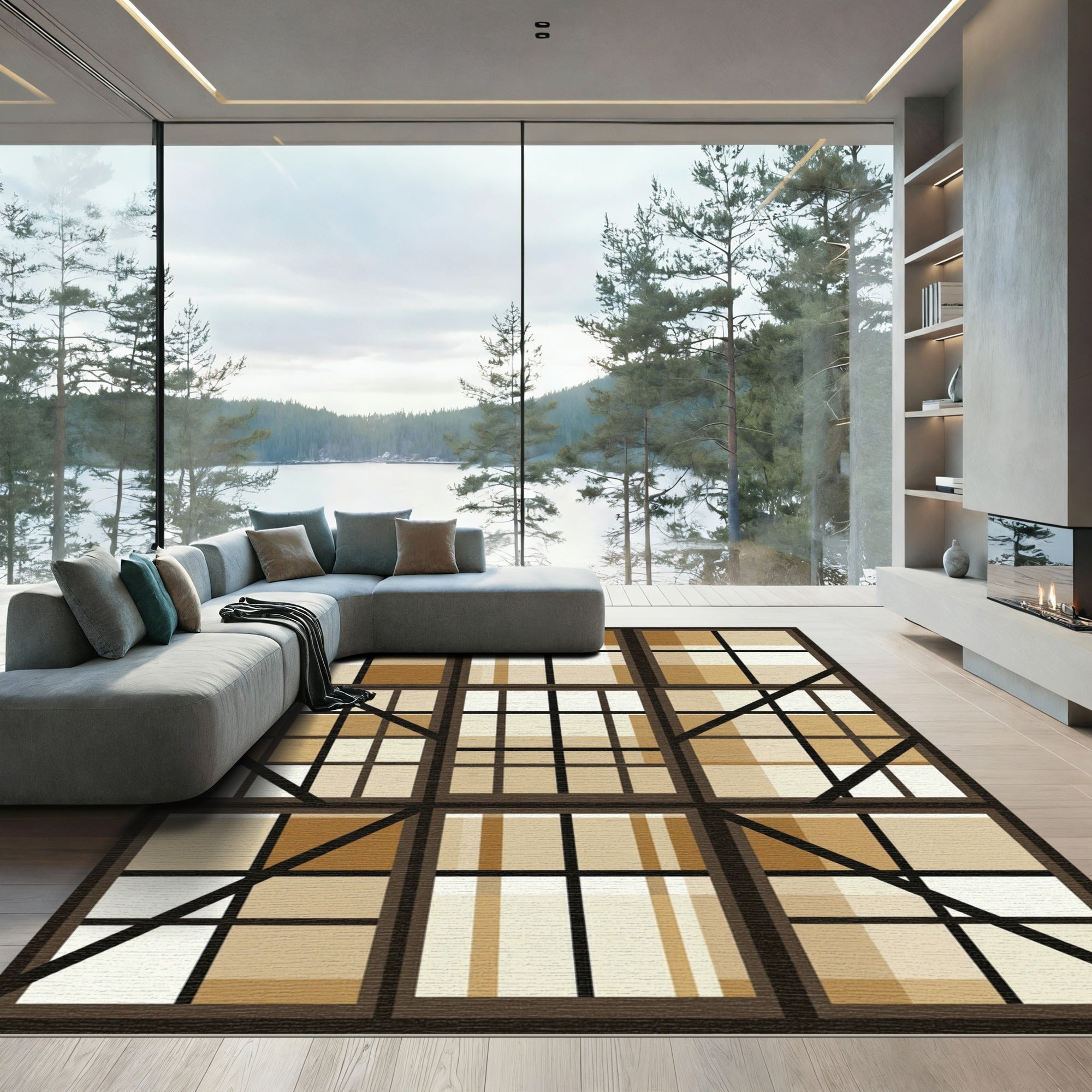 Brown Tan Plaid Window Pane Rug
