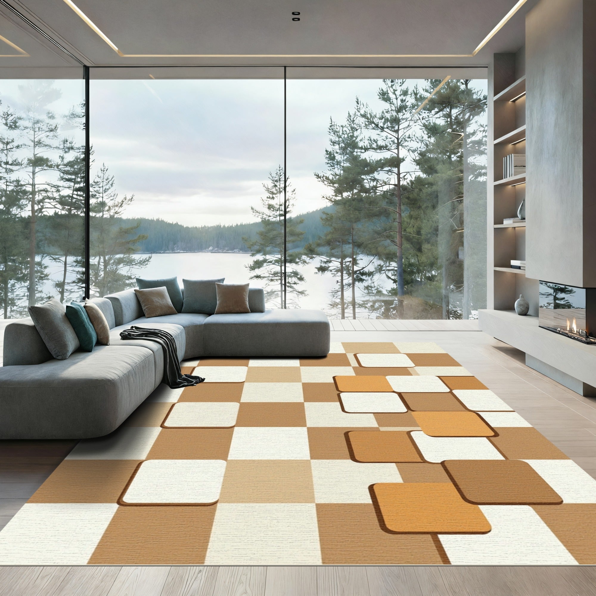 Modern Beige Square Grid Mosaic Rug