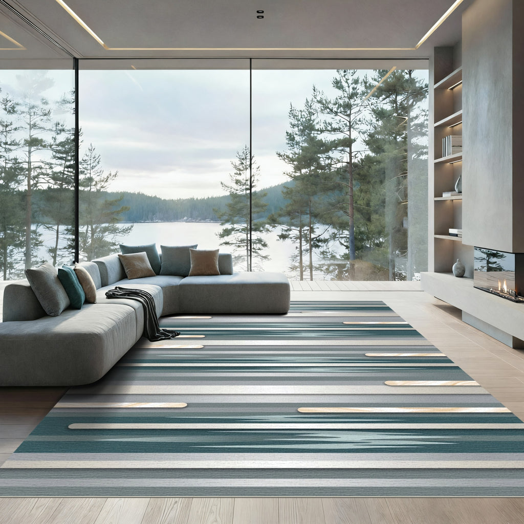 Modern Teal and Silver Linear Abstract Rug