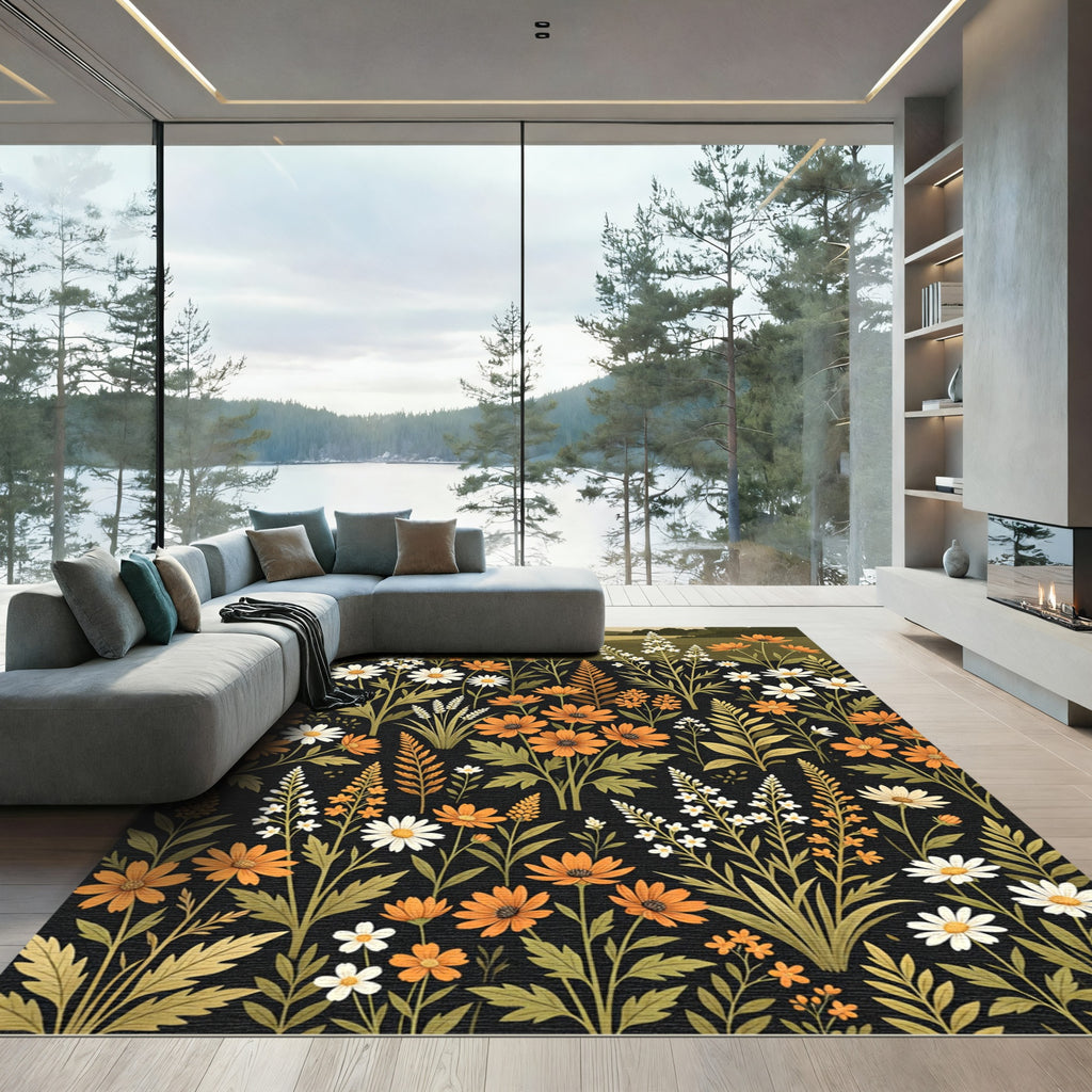 Wildflower Meadow Orange White Black Rug