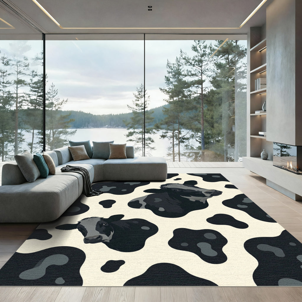 Whimsical Black and White Cow Illustration Rug