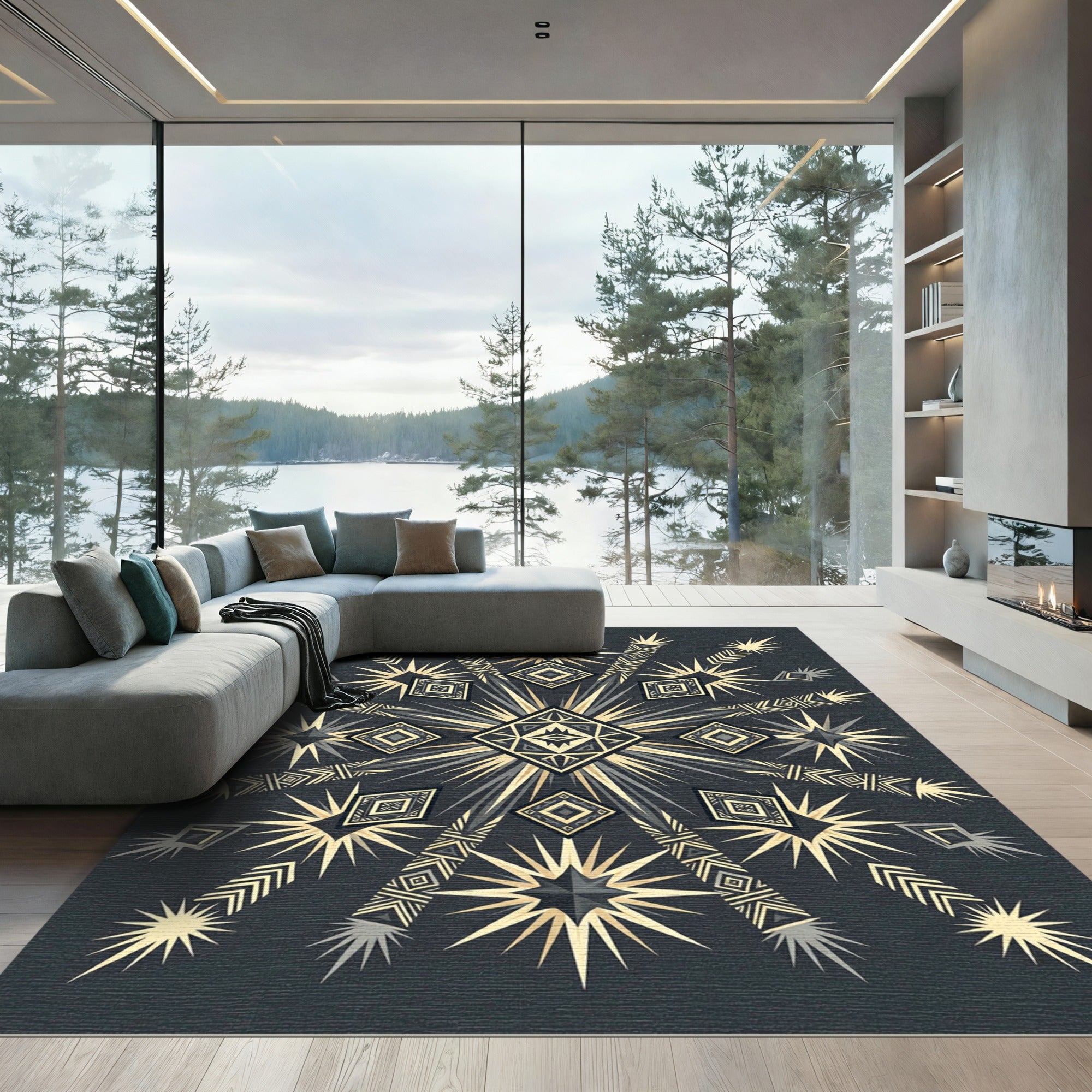 Golden Teal Starburst Diamond Medallion Rug