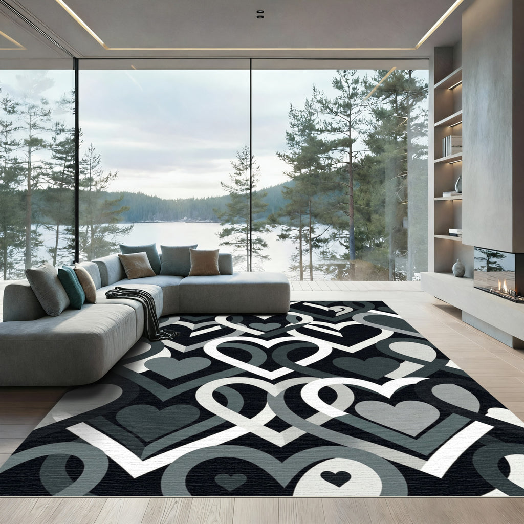 Modern Interlocking Monochrome Heart Grid Rug